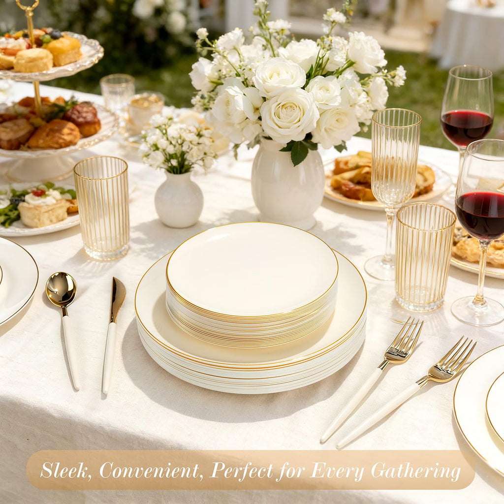 DaYammi 150Pcs Ivory Plastic Plates with Gold Rim,Disposable Plastic Plates Include 30 Dinner Plate,30 Salad Plate,30 Forks,30 Spoons,30 Knives,Ivory and Gold Plates for Party,Wedding,Mother's Day