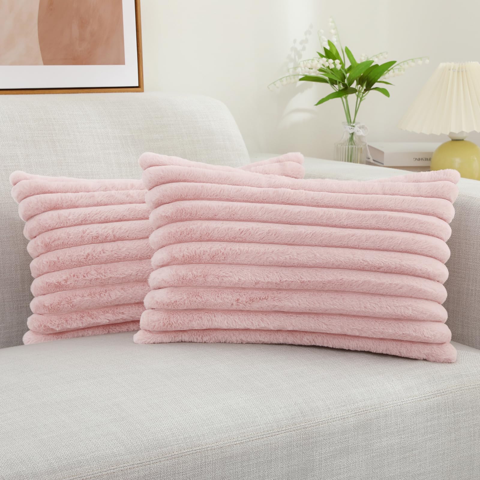 decorUhome Cozy Faux Fur Spring Throw Pillow Covers 18x18 Set of 2 Decorative Soft Plush Striped Modern Farmhouse Boho Couch Pillow Cases with Velvet Back for Sofa Bed Living Room, Cream White