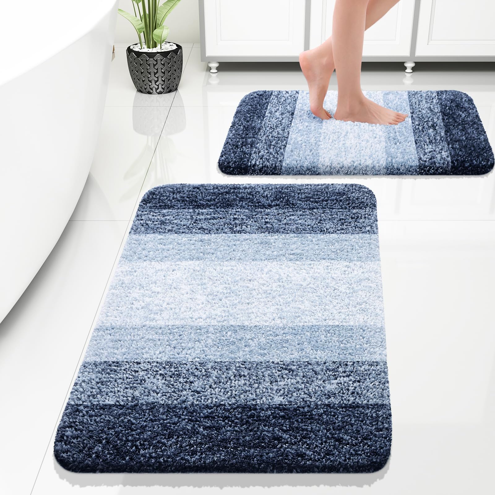 OLANLY Bathroom Rug Set 2 Piece, Soft Absorbent Microfiber Bath Mats and U-Shaped Contour Toilet Rug, Non-Slip, Machine Wash Dry, Plush Shaggy Bath Mats for Bathroom (24"x16"+24"x20", Grey)
