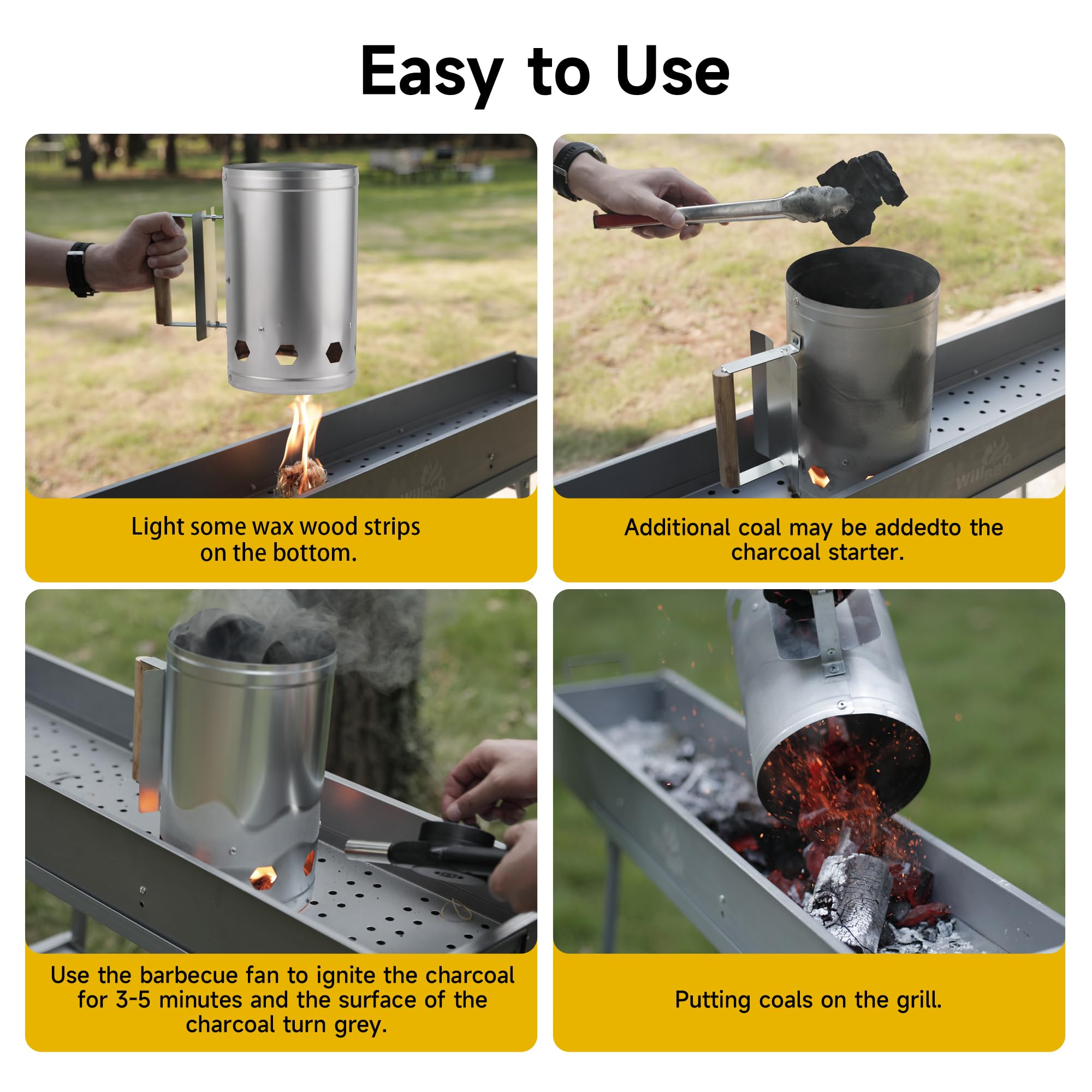 WILLBBQ Charcoal Chimney Starter Great for Fireplace, BBQ, Fire Pits, Barbecues, Chimineas, Campfires, Pizza Ovens - Zinc Steel BBQ Kit, 20 Starters, Heat Resistant Gloves Blower (Bright Black)