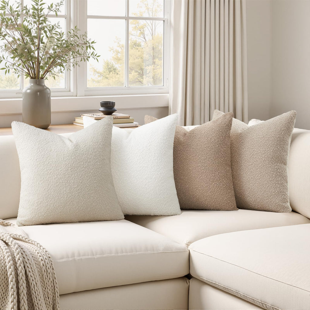 Topfinel Boucle Decorative Pillow Covers 18x18 Inches Set of 4 Neutral Cream Ivory White Pillowcase with Linen Cotton Back Chair Sofa Modern & Minimal Living Room Spring Home Decor