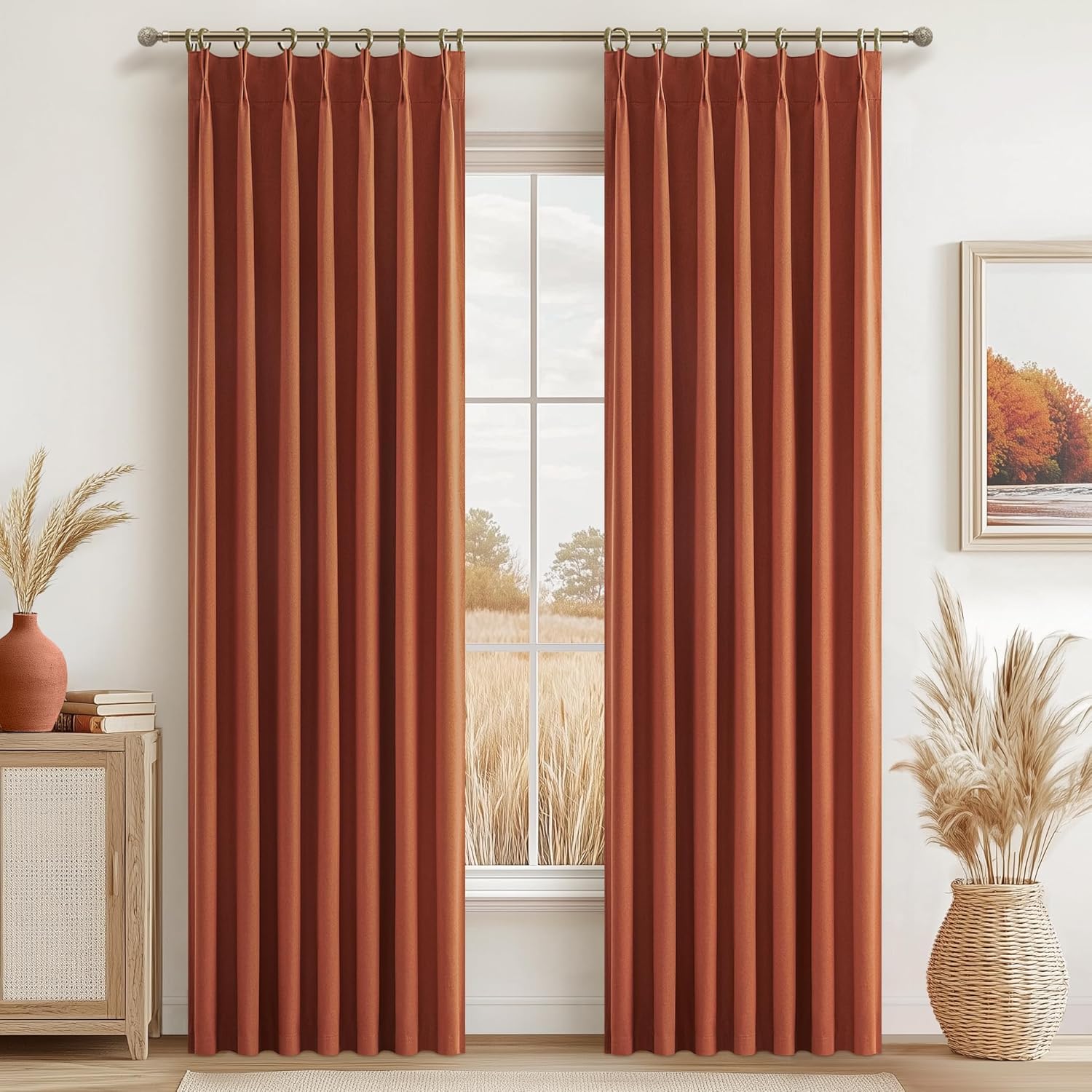 Natural Linen Pinch Pleated Blackout Curtains & Drapes 96 Inch Long Bedroom/Livingroom Farmhouse Curtains 2 Panel Sets, Neutral Track Room Darkening Thermal Insulated 8ft Back Tab Window Curtain