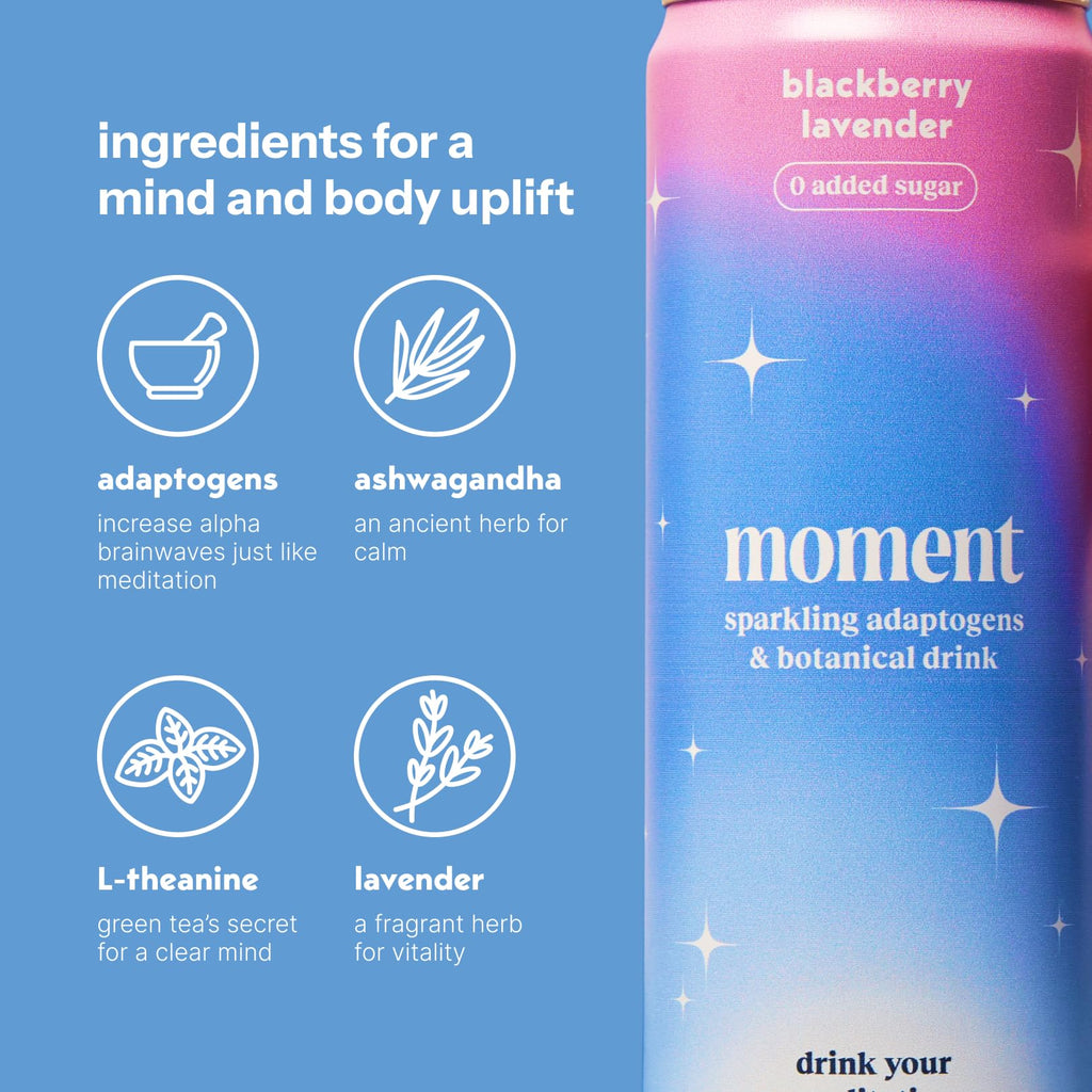 Moment Botanical Soda (Shark Tank) - Calm, Clarity & Relaxation with L-Theanine & Ashwagandha - Non Alcoholic Drinks for Adults - Sparkling Adaptogen Drink - 0 Sugar 0 Caffeine - 12 Pack 11.5 fl oz