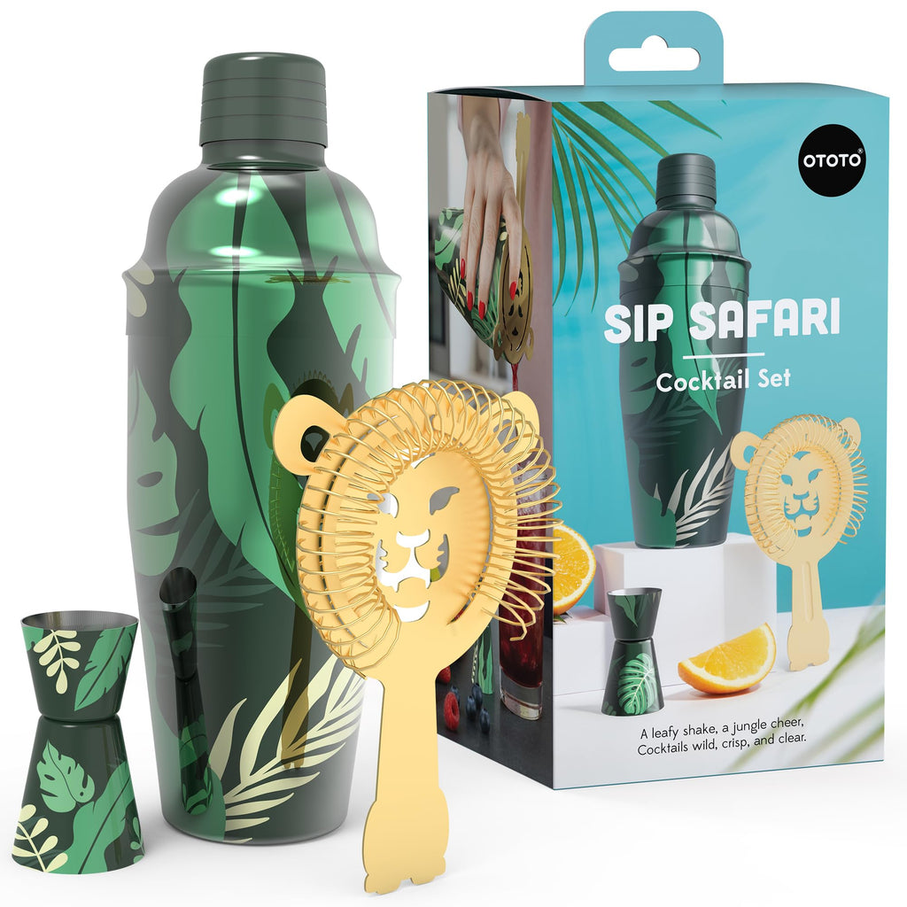 New - OTOTO Sip Safari Jungle Cocktail Shaker Set - Bartender Kit with Lion Cap, Bar Cart Accessories, Bartender Bar Accessories, Party Essentials, Cute Accessories, Unique Gifts, Kitchen Must Haves