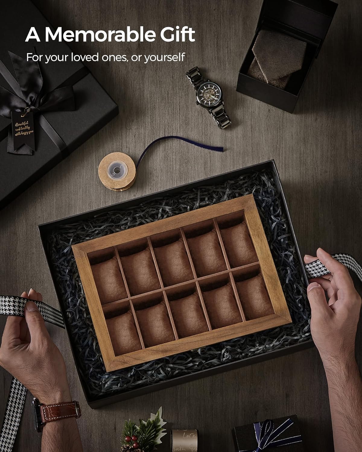 SONGMICS 10-Slot Watch Box, Watch Display Case with Large Glass Lid, Removable Watch Pillows, Velvet Lining, Gift Idea, Rustic Walnut UJOW100K01