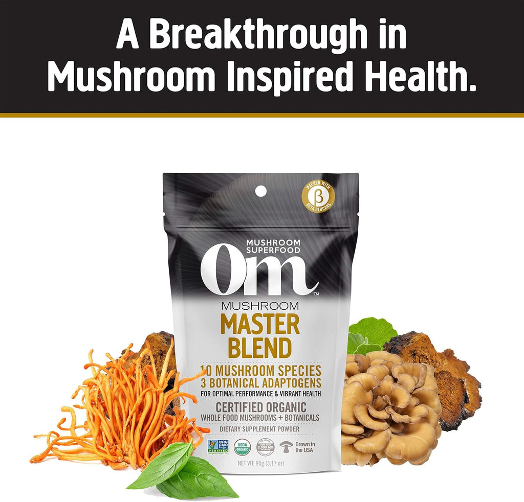 OM Mushrooms Master Blend Mushroom Powder – Organic Mushroom Supplement with 10 Mushrooms and Ashwagandha - Support Immunity, Gut Health & Stress Relief, 6.34 oz (80 Servings)