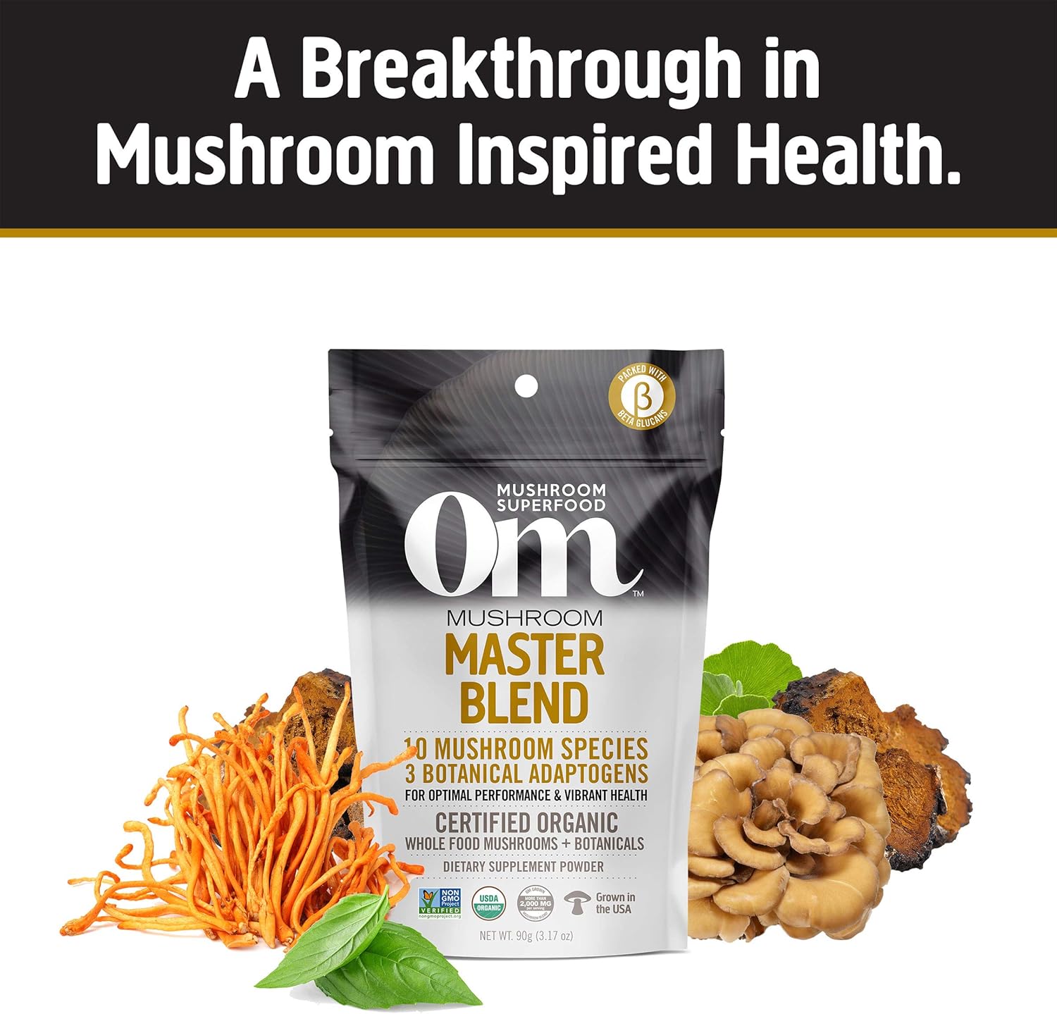 OM Mushrooms Master Blend Mushroom Powder – Organic Mushroom Supplement with 10 Mushrooms and Ashwagandha - Support Immunity, Gut Health & Stress Relief, 6.34 oz (80 Servings)