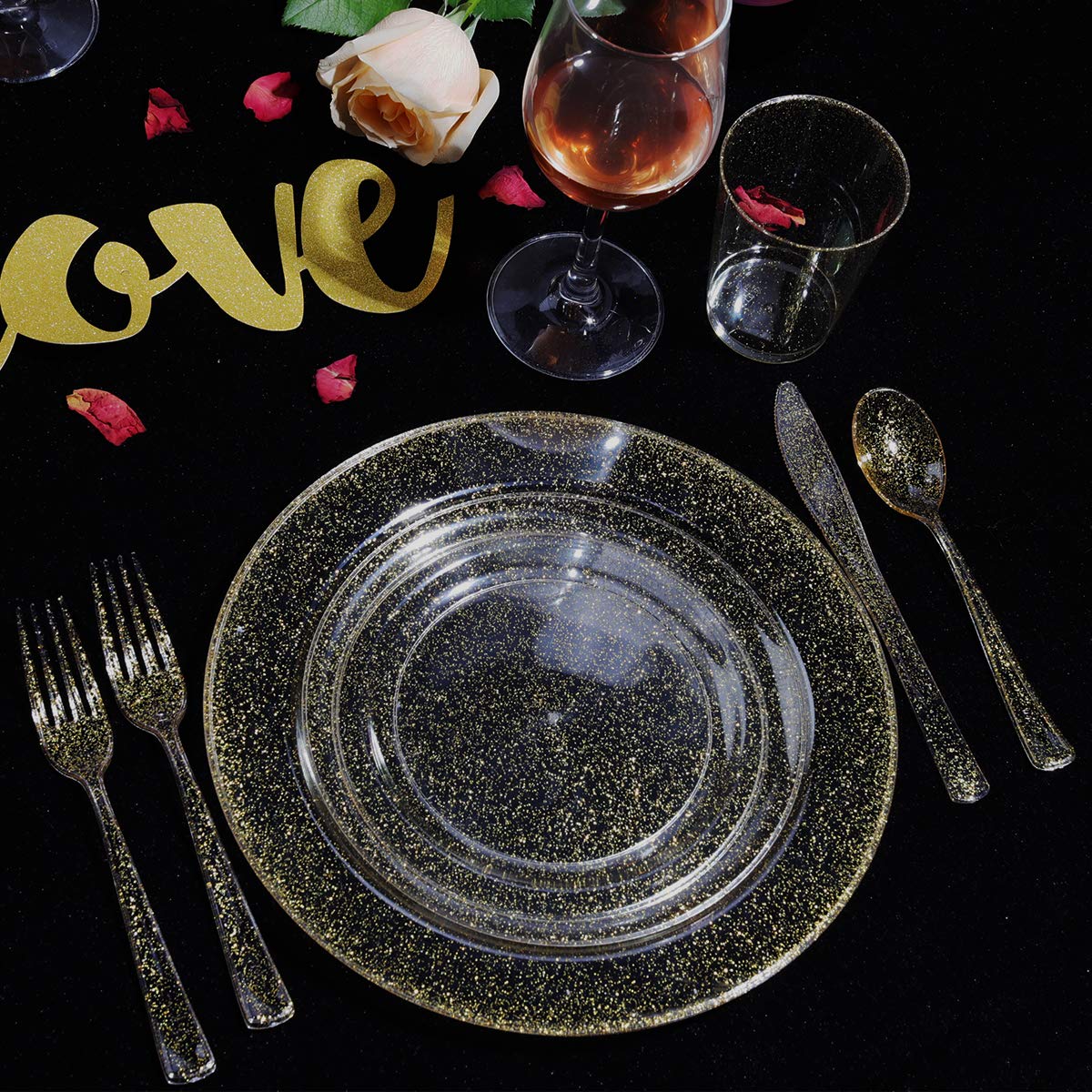 WELLIFE 600 PCS Silver Disposable Dinnerware Set for 100 Guests, Wedding Reception Plates & Silver Plastic Tableware, Dinner & Salad Plates, Cups, Forks, Knives & Spoons for Weddings & Elegant Events