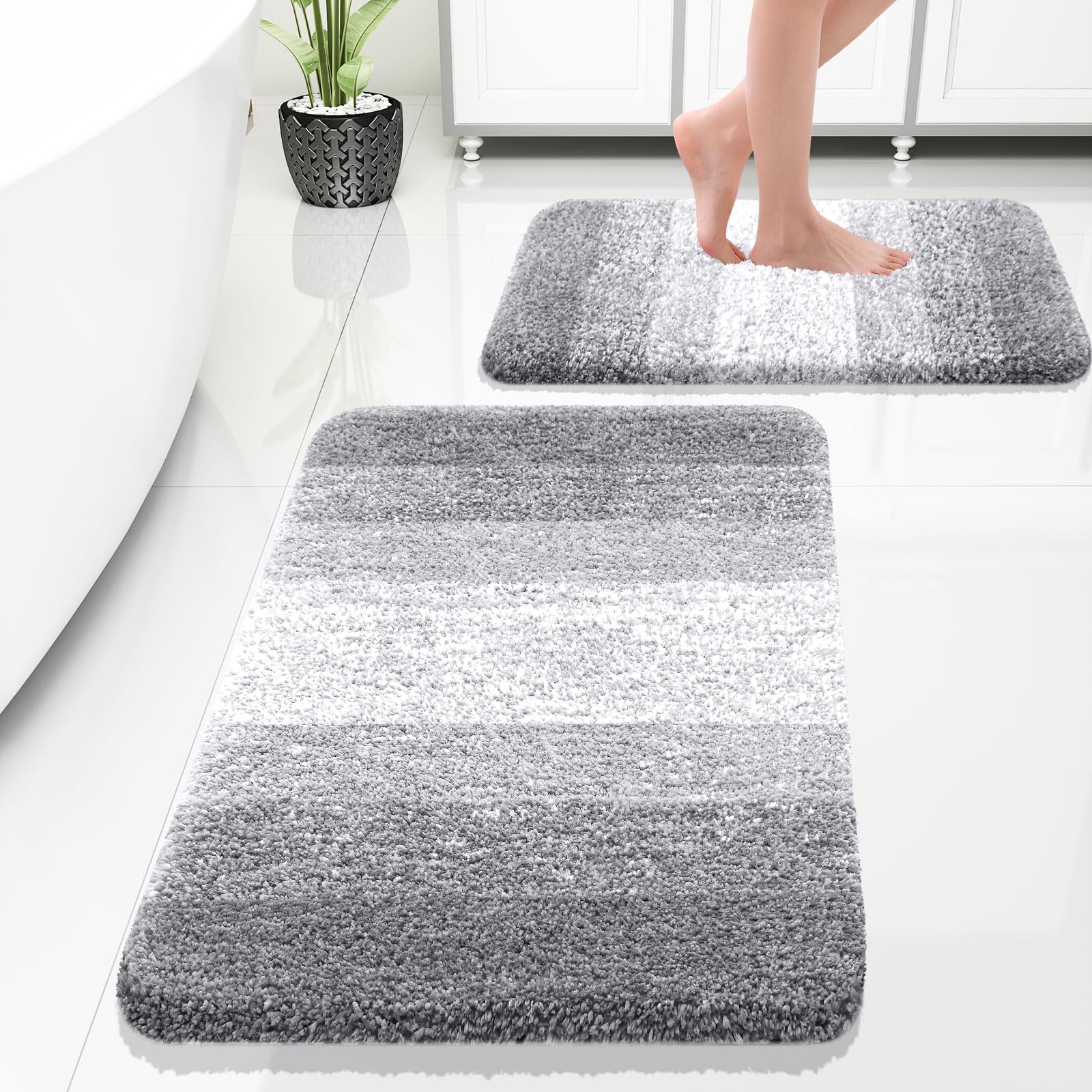 OLANLY Bathroom Rug Set 2 Piece, Soft Absorbent Microfiber Bath Mats and U-Shaped Contour Toilet Rug, Non-Slip, Machine Wash Dry, Plush Shaggy Bath Mats for Bathroom (24"x16"+24"x20", Grey)