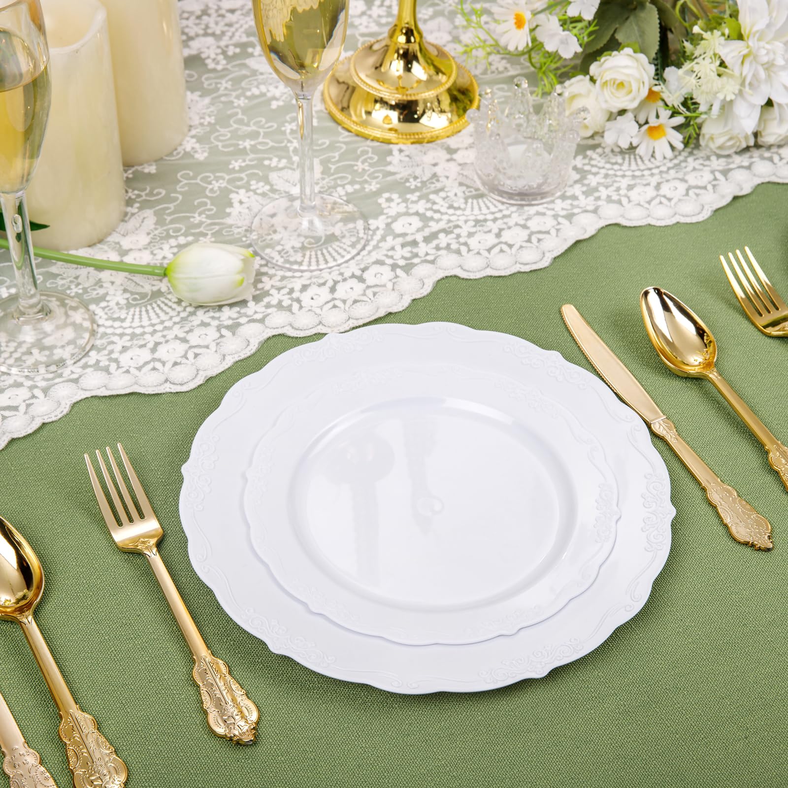 DaYammi 150Pcs Ivory Plastic Plates with Gold Rim,Disposable Plastic Plates Include 30 Dinner Plate,30 Salad Plate,30 Forks,30 Spoons,30 Knives,Ivory and Gold Plates for Party,Wedding,Mother's Day