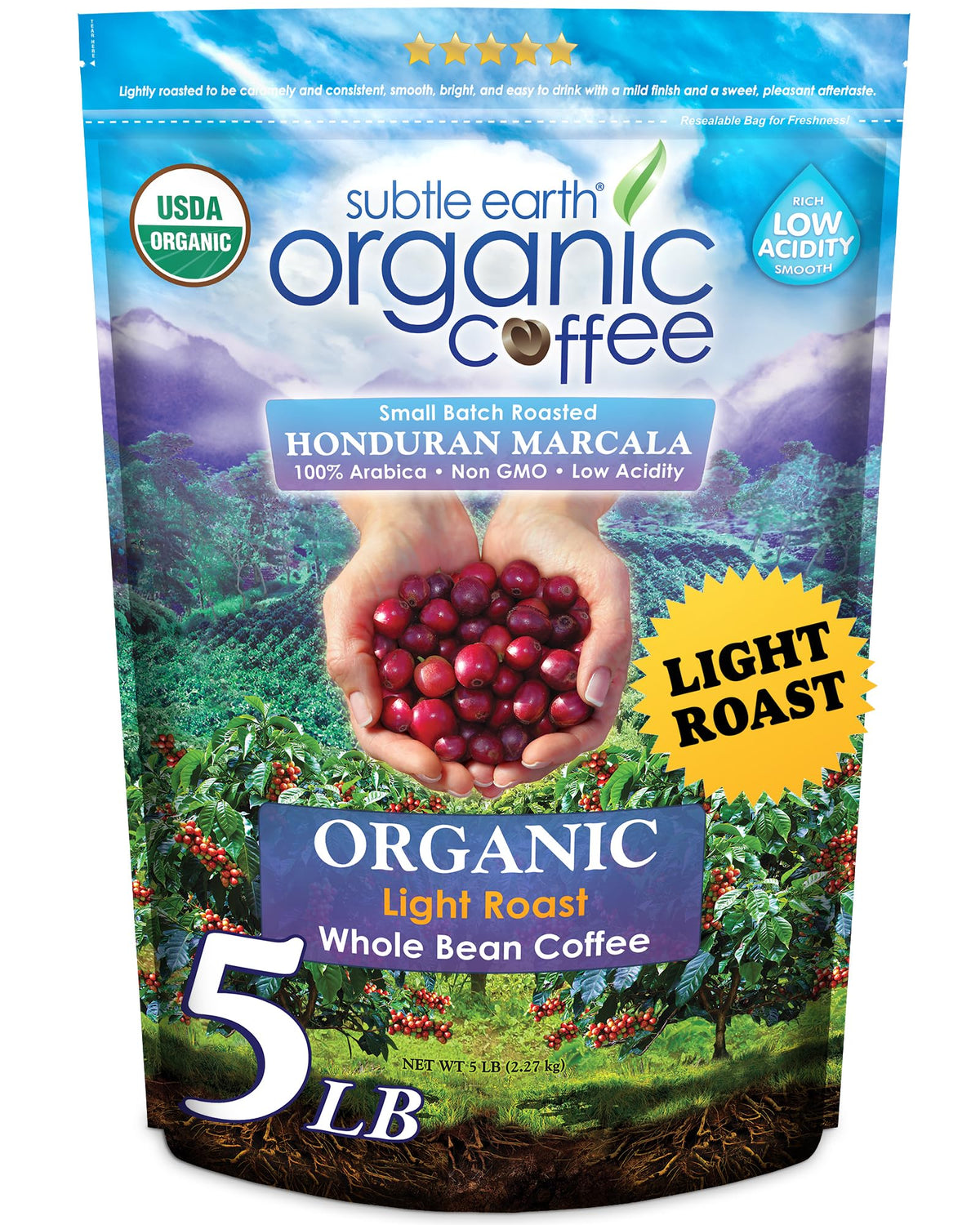 2LB Subtle Earth Organic Coffee - Dark Roast - Whole Bean Coffee - 100% Arabica Beans - Low Acidity and Non-GMO - 2lb bag