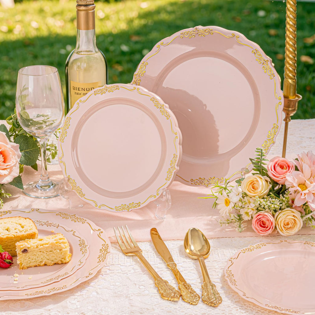 DaYammi 150Pcs Ivory Plastic Plates with Gold Rim,Disposable Plastic Plates Include 30 Dinner Plate,30 Salad Plate,30 Forks,30 Spoons,30 Knives,Ivory and Gold Plates for Party,Wedding,Mother's Day