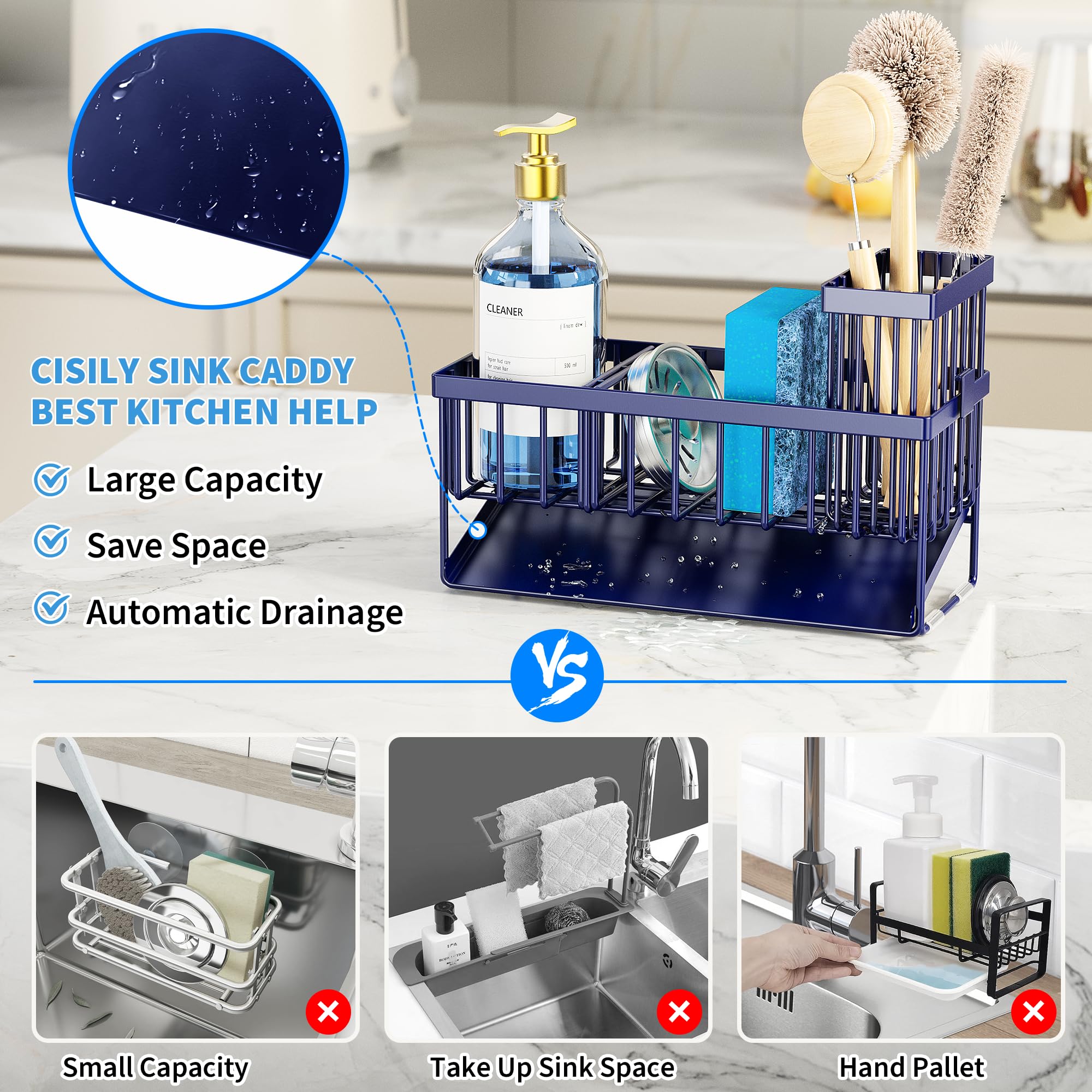 Cisily Sink Caddy Sponge Holder for Kitchen with Brush Holder and Stainless Steel Self Drain Tray, Rustproof Kitchen Sink Organizer for Sponge, Soap Dispenser Storage Accessories
