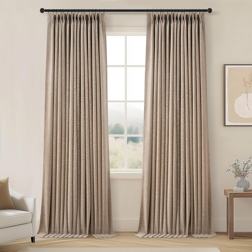 Topfinel 96 Inches Long Pinch Pleated 100% Blackout Curtains,Thermal Insulated Natural Linen Pinch Pleat Viral Drapes with Hooks Rings 2 Panel Sets,Neutral Beige Ivory 8FT Back Tab Window Curtains