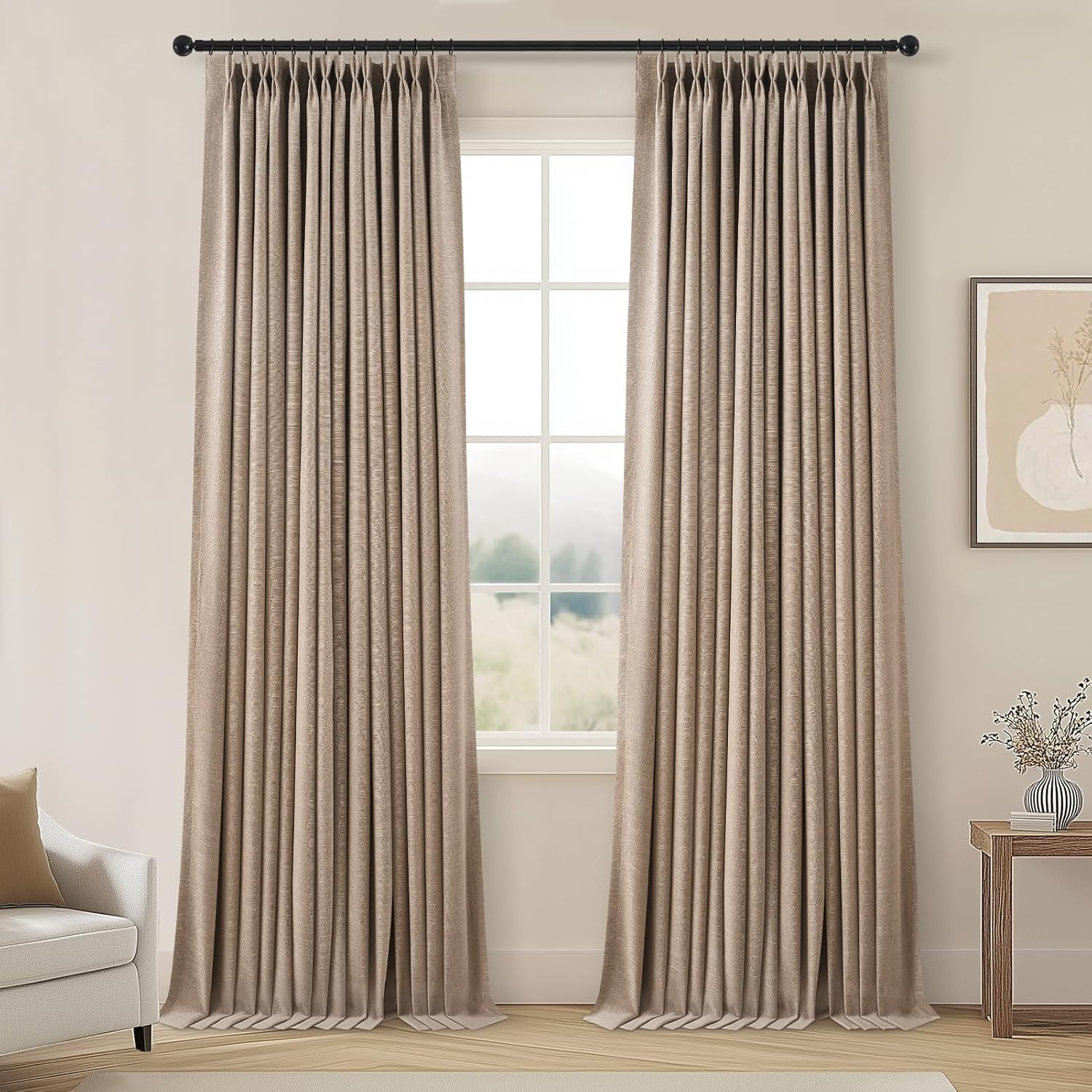 Topfinel 96 Inches Long Pinch Pleated 100% Blackout Curtains,Thermal Insulated Natural Linen Pinch Pleat Viral Drapes with Hooks Rings 2 Panel Sets,Neutral Beige Ivory 8FT Back Tab Window Curtains