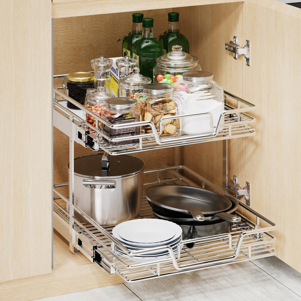 2-Tier Kitchen Cabinet,Pull Out Cabinet Organizer,Shelf and Drawer Organizer Slide Out Pantry Storaqe Basket in Multiple Sizes (12" W x21 D)