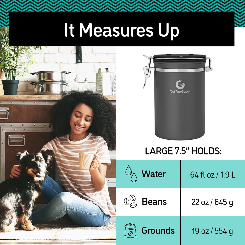 Coffee Gator Stainless Steel Canister - Medium 16oz, Gray Coffee Grounds and Beans Container with Date-Tracker, CO2-Release Valve, and Measuring Scoop - Ideal Coffee Lovers Gifts