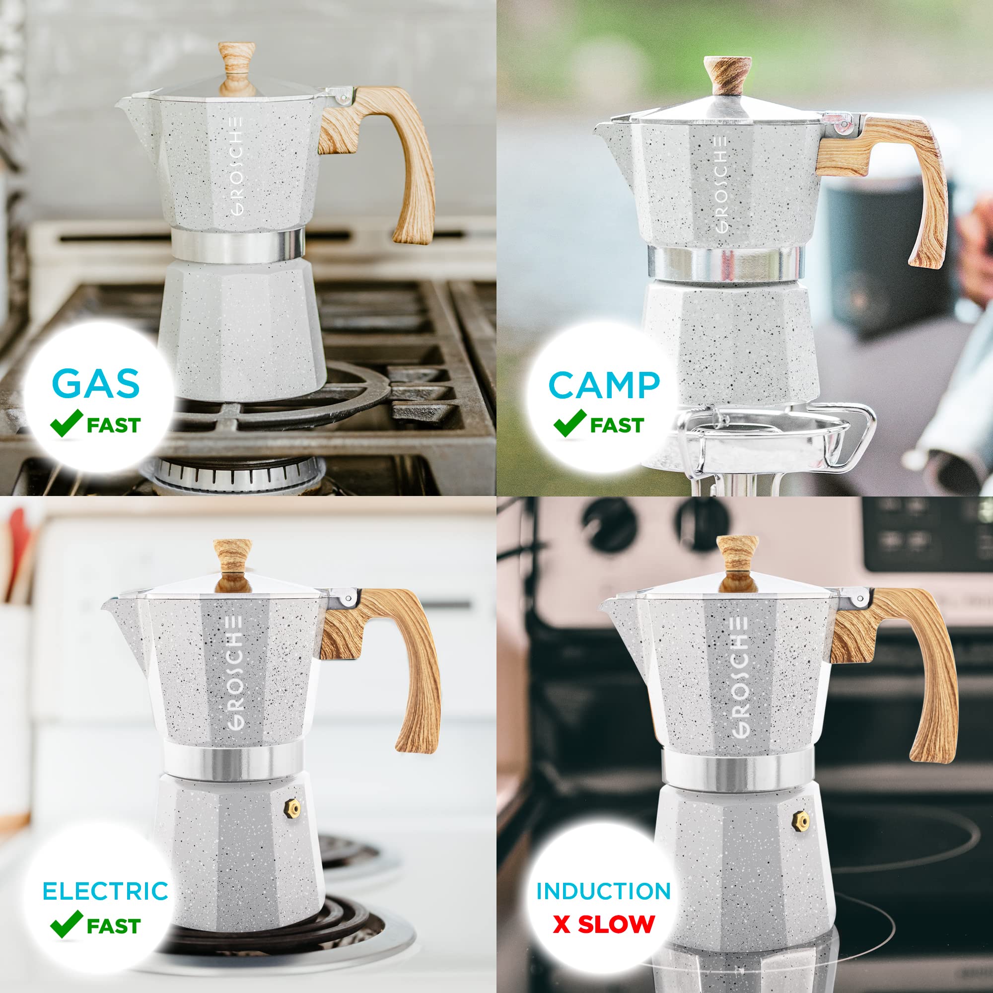 GROSCHE Milano Moka pot, Stovetop Espresso maker, Greca Coffee Maker, Stovetop coffee maker and espresso maker percolator (Grey, 6 cup)