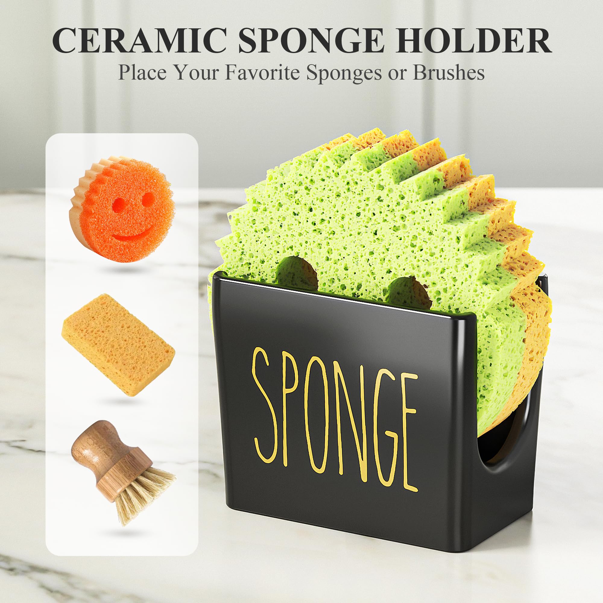Cisily Kitchen Soap Dispenser Set Comes with Ceramics Sponge Holder, Gold Pumps, and Instant Dry Tray, Hand and Dish Soap Dispenser Set (4, Gold + White + Sponge Holder)