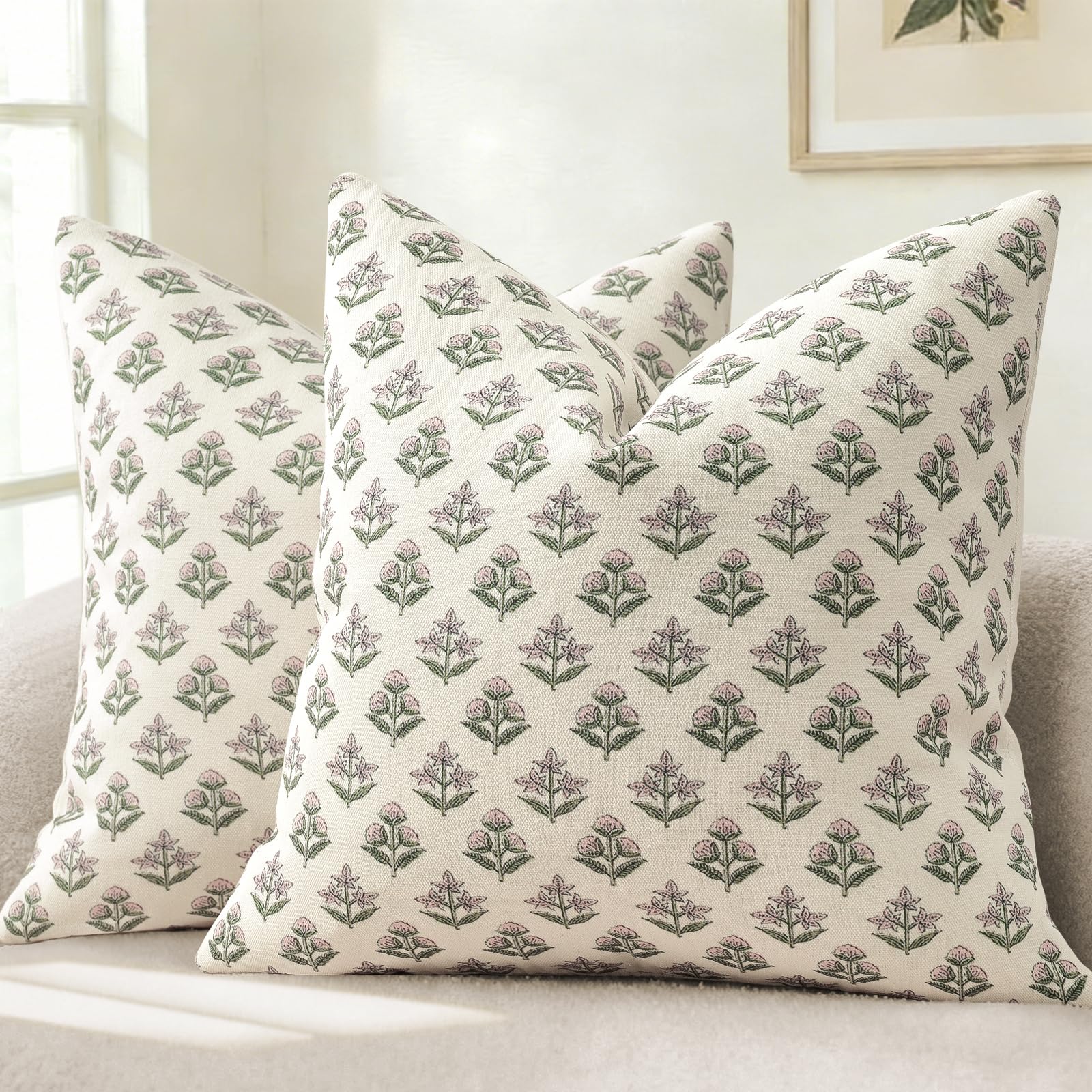 YCOLL Farmhouse Floral Pillow Covers 20x20 Set of 2, Rustic Country Decorative Cushion Covers Vintage Throw Pillow Covers for Sofa Couch Bed Living Room Home Decor, Blue Green