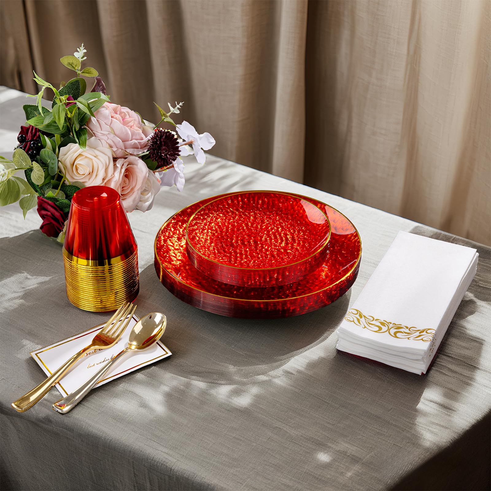 DaYammi 350PCS Clear Gold Plastic Dinnerware Set for 50 Guests, Hammered Disposable Plates for Party, Include: 50 Dinner Plates, 50 Dessert Plates, 150 Gold Silverware, 50 Napkins, 50 Cups
