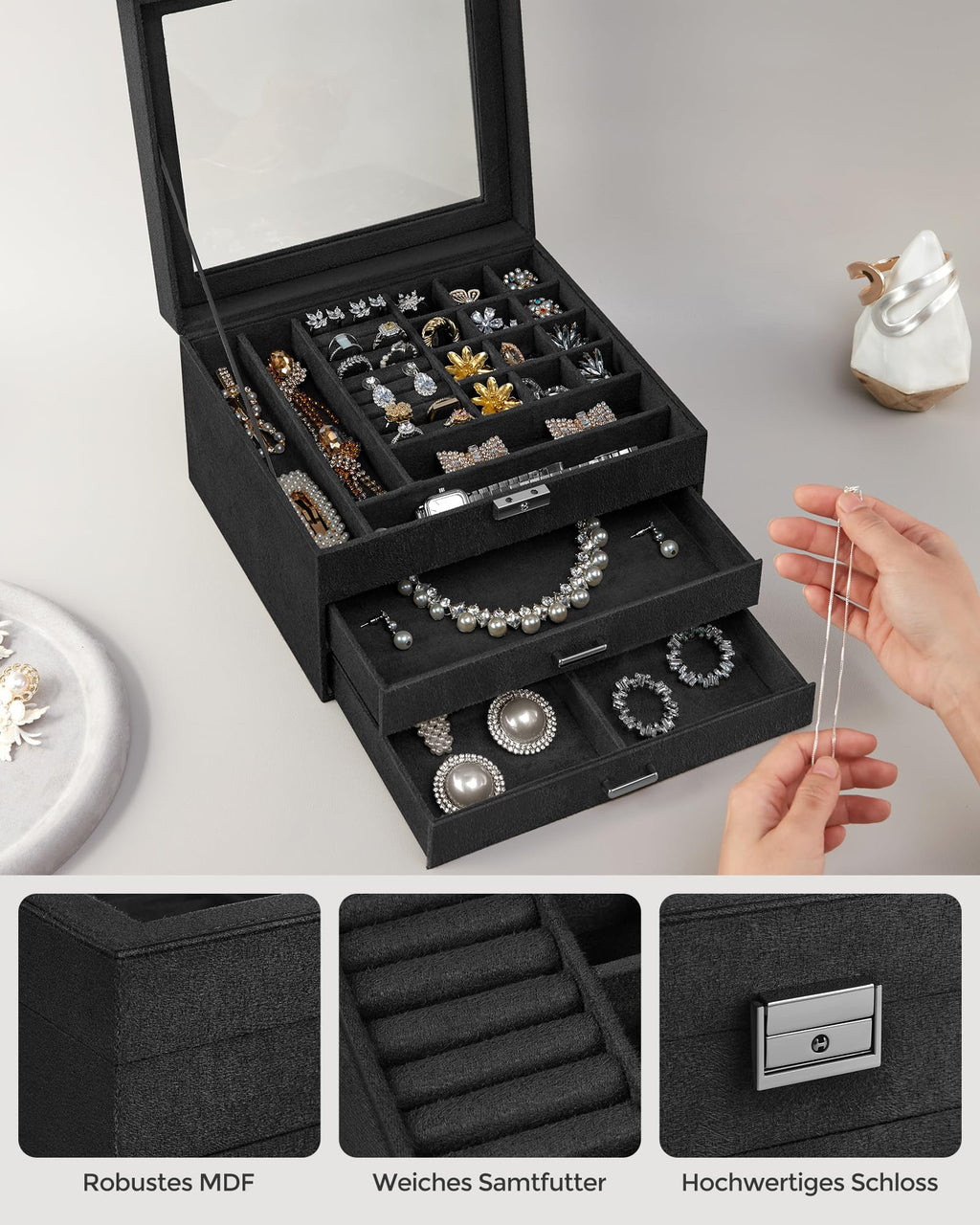 SONGMICS 3-Tier Jewelry Box, Travel Jewelry Case with Handle, 2 Drawers, Lockable Jewelry Organizer with Mirror, Jewelry Storage, Modern Style, Gift for Loved Ones, White UJBC154W01