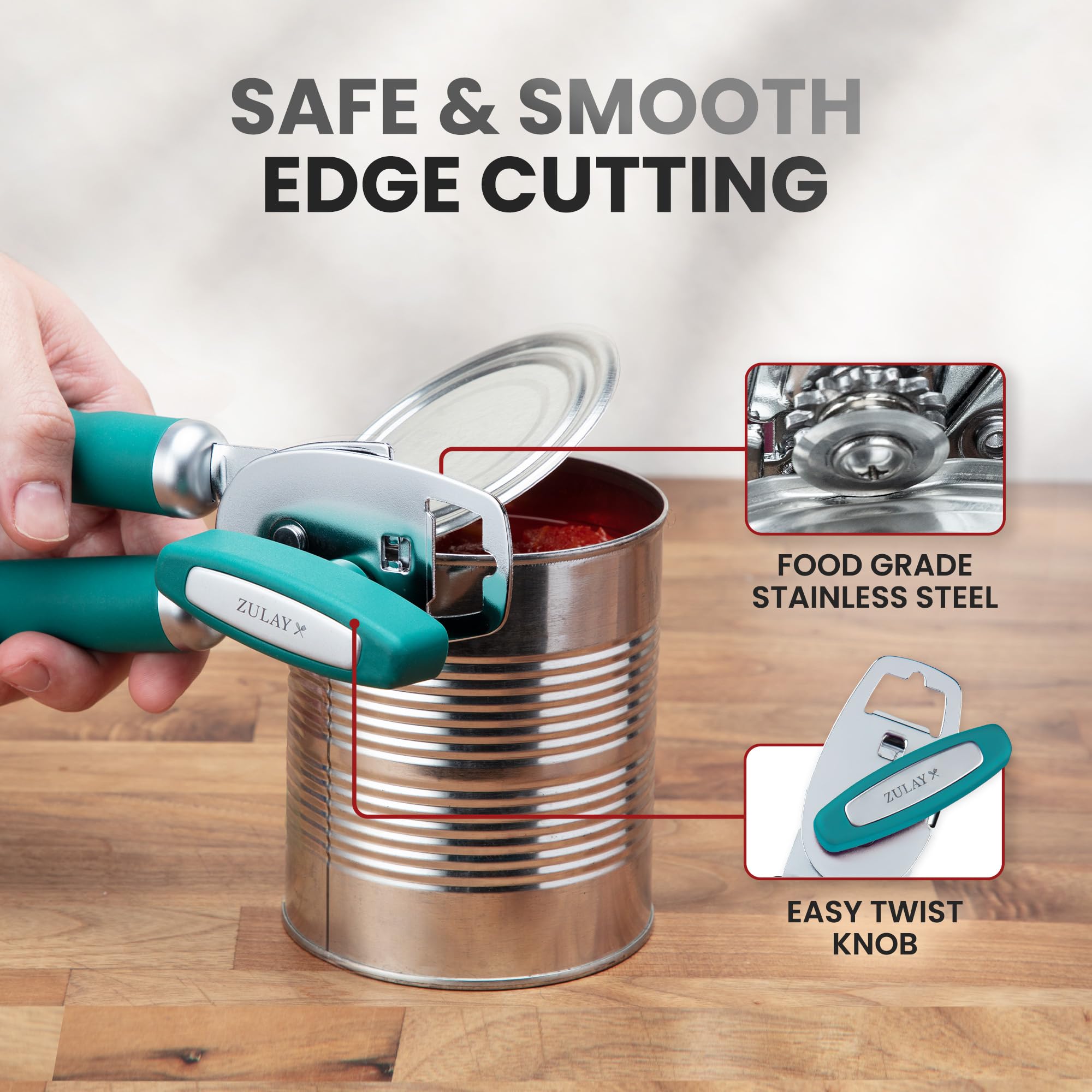 Zulay Kitchen COMFY™ Can Opener Manual with Bottle Opener - Rust Proof Stainless Steel Manual Can Opener With Turn Knob & Comfy Soft Grip Handles - Black
