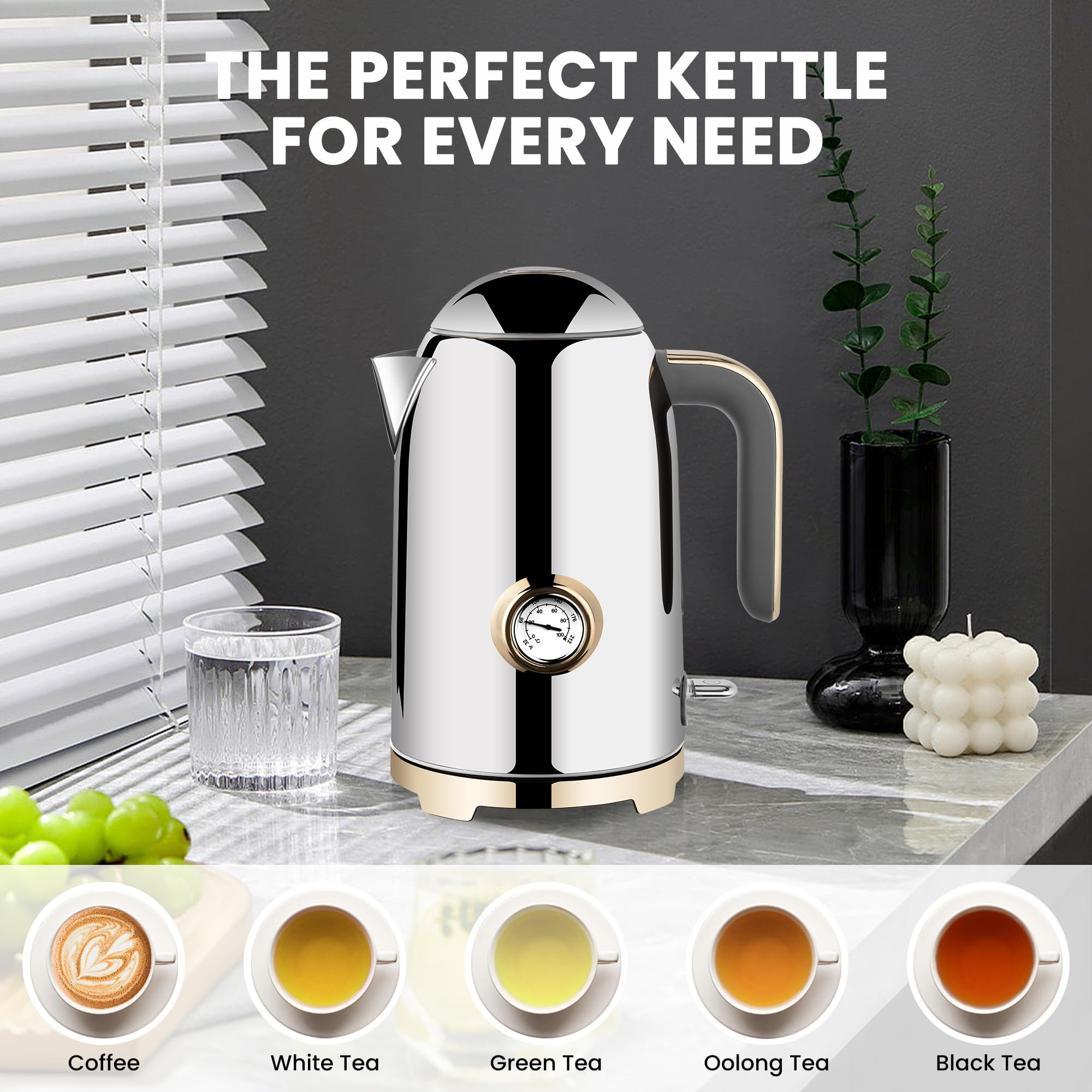 SUSTEAS Electric Kettle - 57oz Hot Tea Water Boiler with Thermometer, 1500W Fast Heating Stainless Steel Pot, Cordless LED Indicator, Auto Shut-Off & Boil Dry Protection, Retro Green