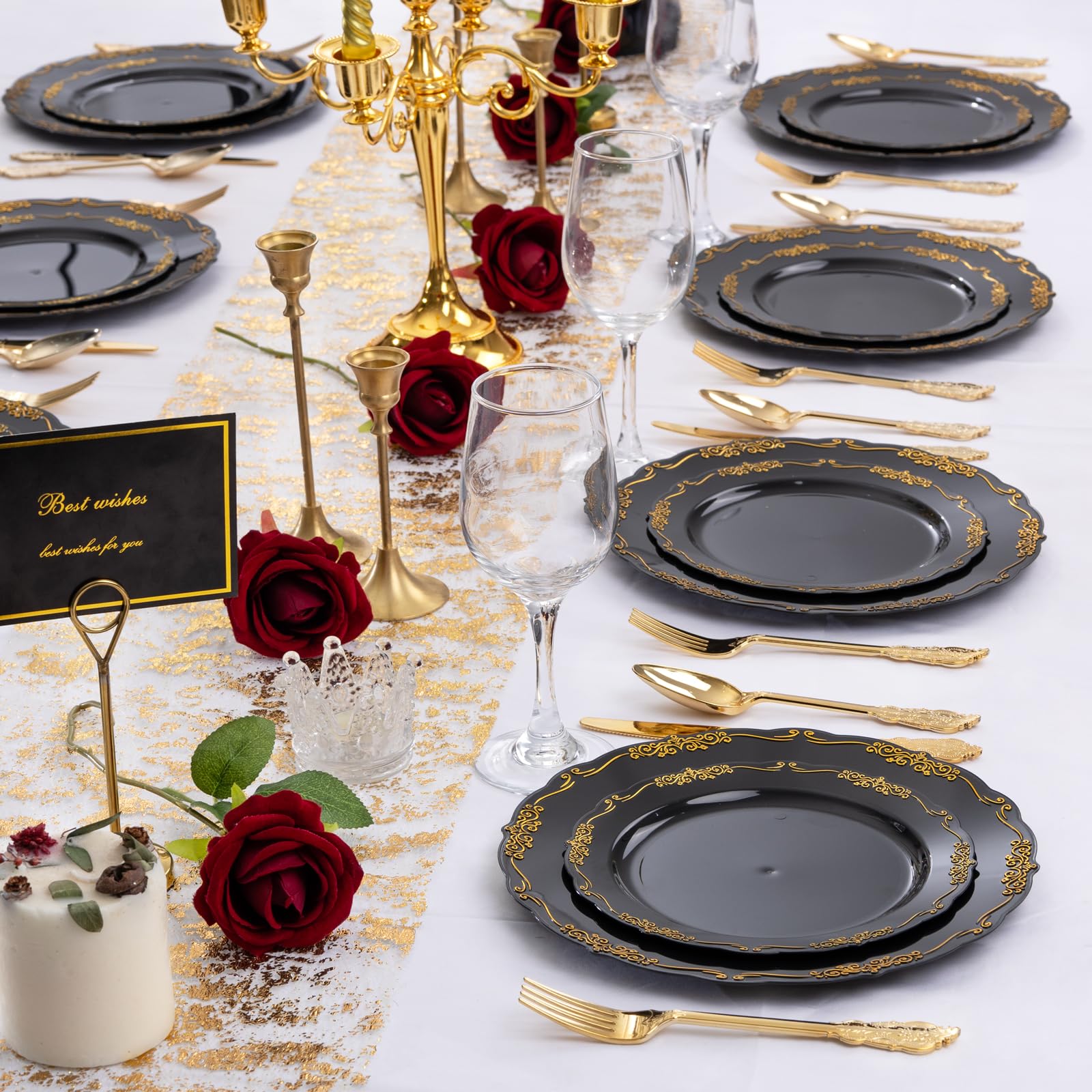 DaYammi 150Pcs Ivory Plastic Plates with Gold Rim,Disposable Plastic Plates Include 30 Dinner Plate,30 Salad Plate,30 Forks,30 Spoons,30 Knives,Ivory and Gold Plates for Party,Wedding,Mother's Day