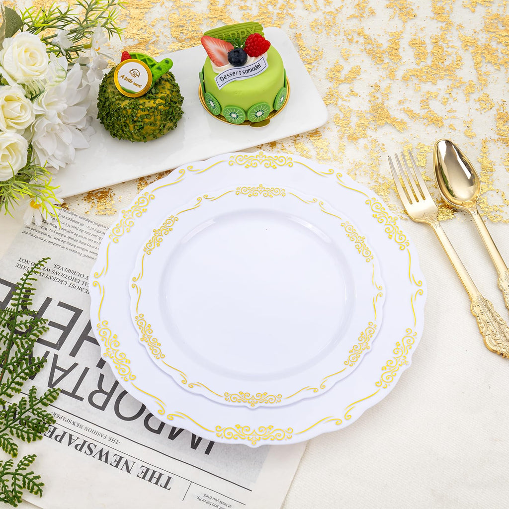 DaYammi 150Pcs Ivory Plastic Plates with Gold Rim,Disposable Plastic Plates Include 30 Dinner Plate,30 Salad Plate,30 Forks,30 Spoons,30 Knives,Ivory and Gold Plates for Party,Wedding,Mother's Day