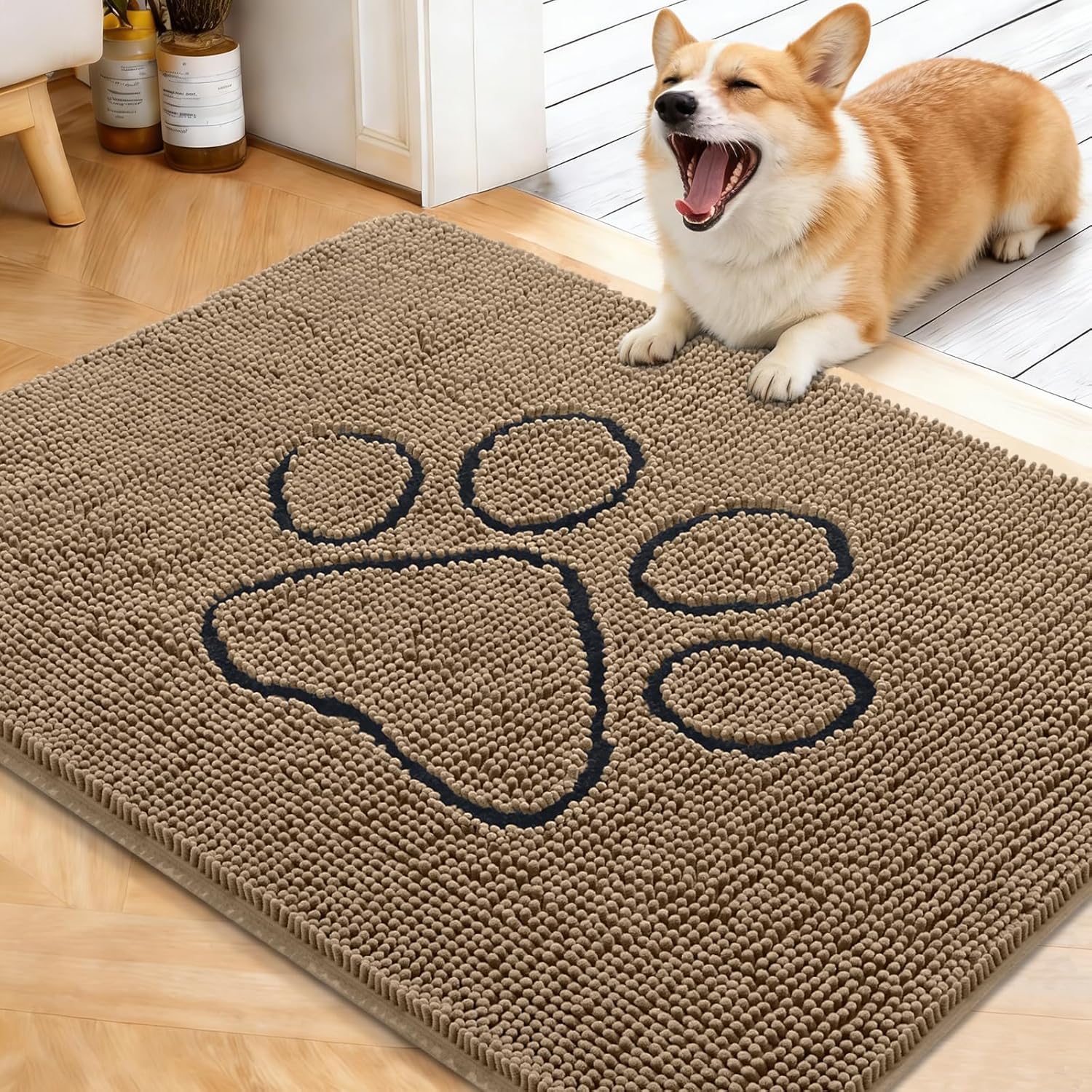 OLANLY Dog Door Mat for Muddy Paws 48x30, Absorbs Moisture and Dirt, Absorbent Non-Slip Washable Doormat, Quick Dry Chenille Mud Mat for Dogs, Entry Indoor Entryway Carpet for Inside Floor, Grey