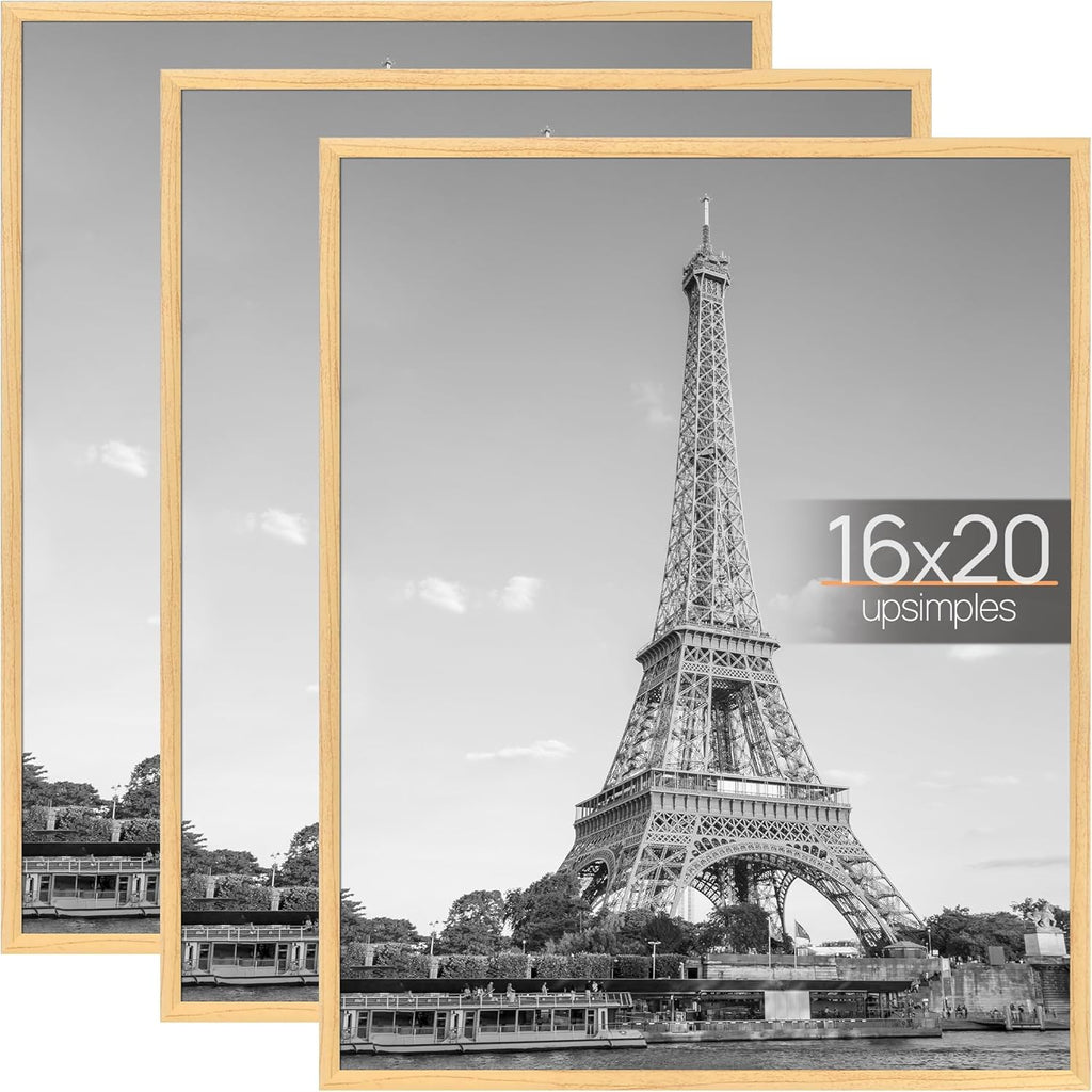 upsimples 16x20 Picture Frame Natural 3 Pack, Scratch-Proof Poster Frames 16 x 20 for Photo Gallery - Slide-In Strips, Horizontal or Vertical Wall Mounting