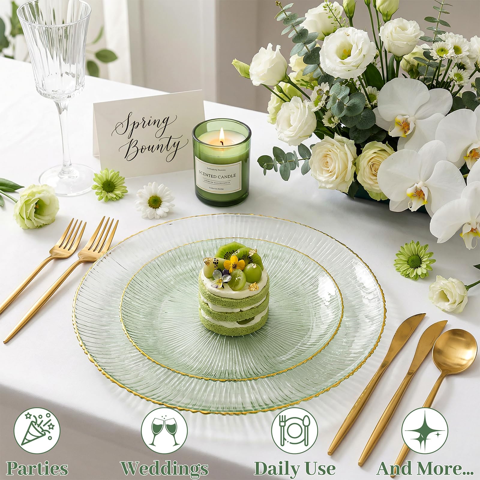 DaYammi 60Pcs Sage Green Plastic Plates with Gold Rim,Disposable Plates Set Includes 30 Dinner Plate & 30 Salad Plate,Fancy Green Party Plates with Radial Texture for Party Wedding Dinner