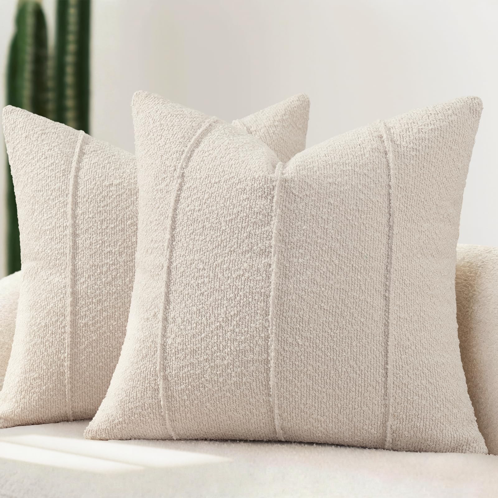 YCOLL Textured Boucle Throw Pillow Covers 20x20 Pack of 2 - Soft Neutral Striped Cushion Covers, Cozy Accent Decorative Pillow Covers for Couch, Sofa, Bed, Living Room (Beige)