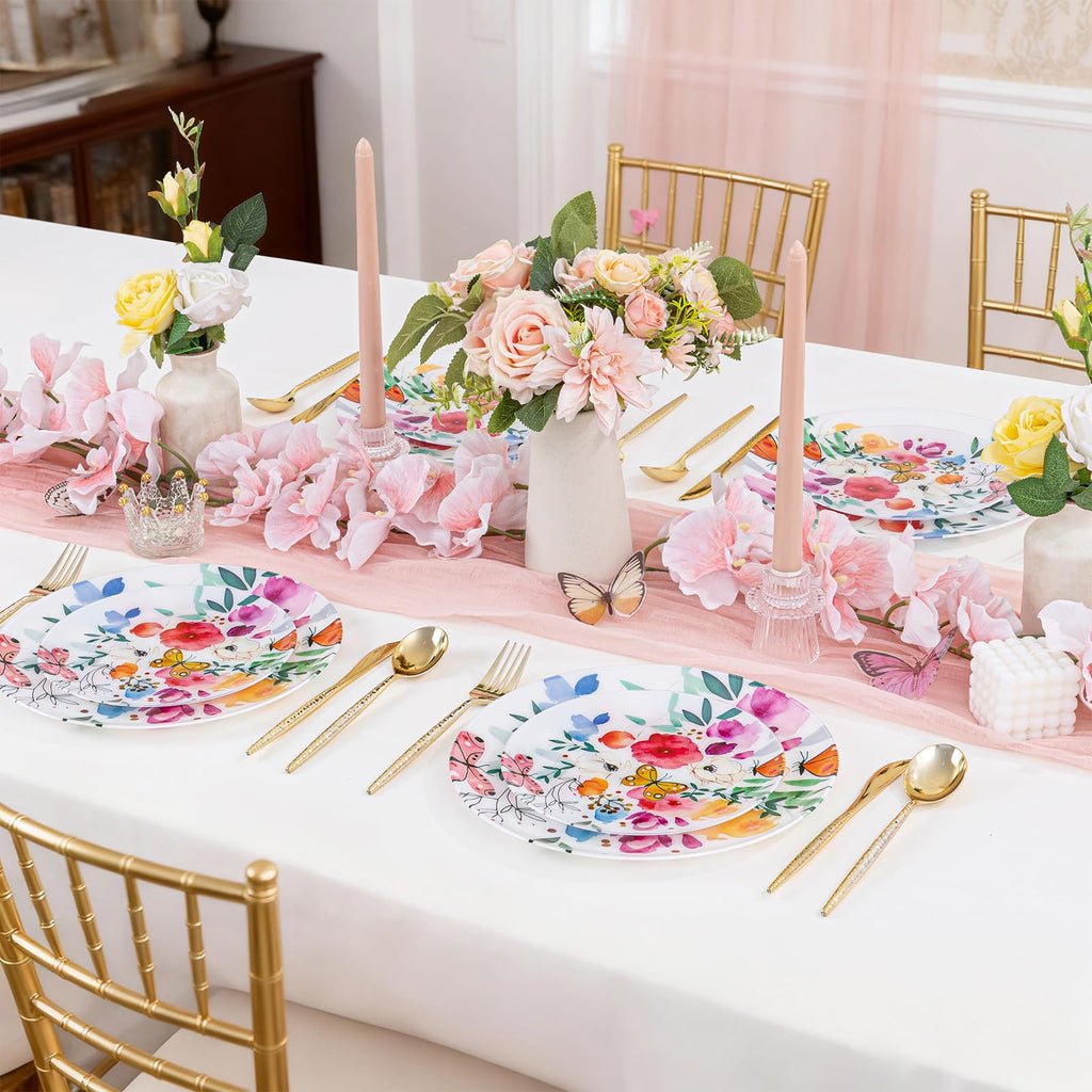 DaYammi 20Pcs Floral Disposable Plastic Plates-Disposable Heavy duty Watercolor Floral Plastic Plates 10.25 inch Dinner plates and 7.5 inch Dessert plates, Disposable Plate for Party Mother's Day