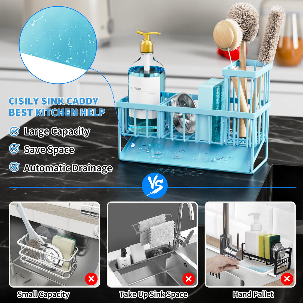 Cisily Sink Caddy Sponge Holder for Kitchen with Brush Holder and Stainless Steel Self Drain Tray, Rustproof Kitchen Sink Organizer for Sponge, Soap Dispenser Storage Accessories