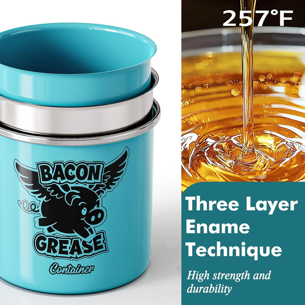PGYARD Mini Bacon Grease Container With Strainer - 15OZ Farmhouse Enamel Grease Saver, Fat Storage For Kitchen, Dishwasher Safe-Light Blue