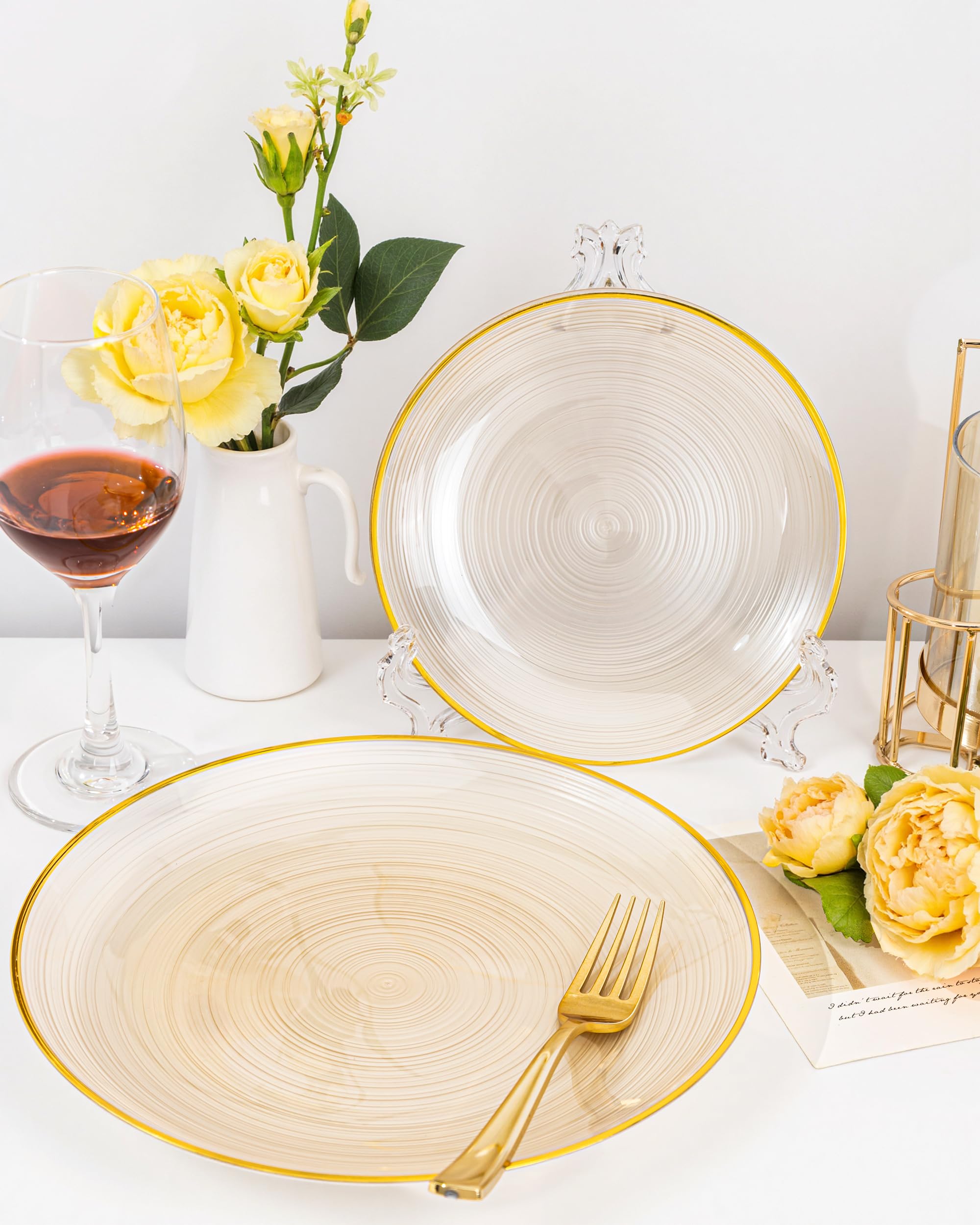 Morejoy 60Pcs Brown Plastic Plates,Brown Disposable Plates With Gold Rim, Gold Party Dinnerware Set Include 30 Dessert plates,30 Dinner plates for Party & Wedding