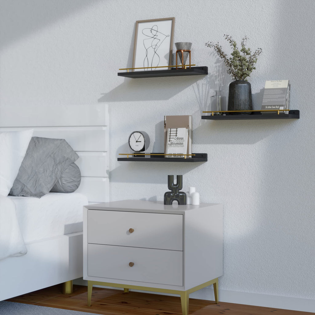 WOPITUES Floating Shelves with Black Metal Guardrail, Shelves for Wall Decor Set of 3, Wall Shelves for Bedroom, Bathroom, Kitchen, Living Room, Plants, Picture Frames, Art- Black