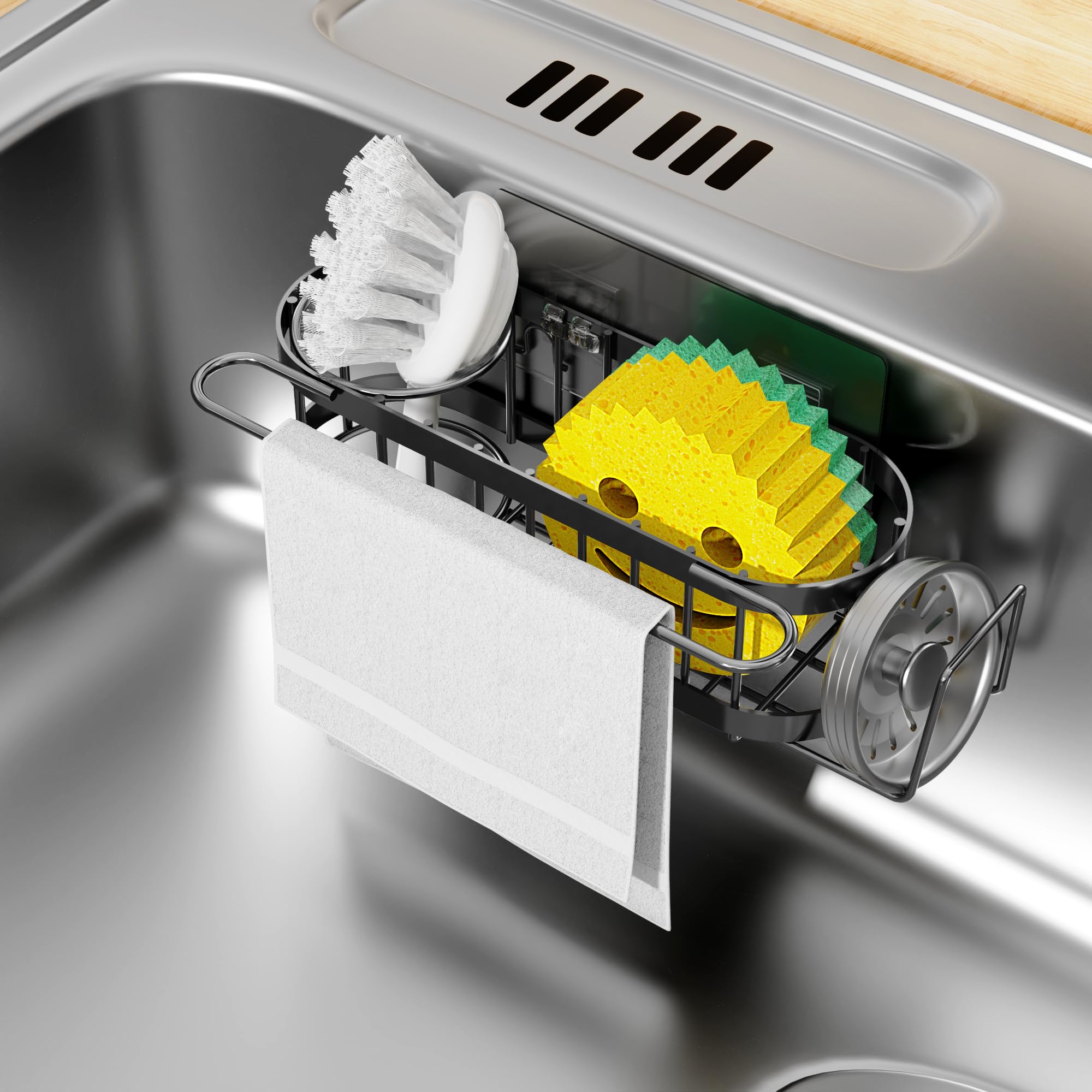 Cisily Organizador de Fregadero de Cocina con Soporte para Esponja en el Fregadero, Organizador de Fregadero de Cocina de Acero Inoxidable, Soporte para Cepillo, Percha para Paños de Platos, Soporte