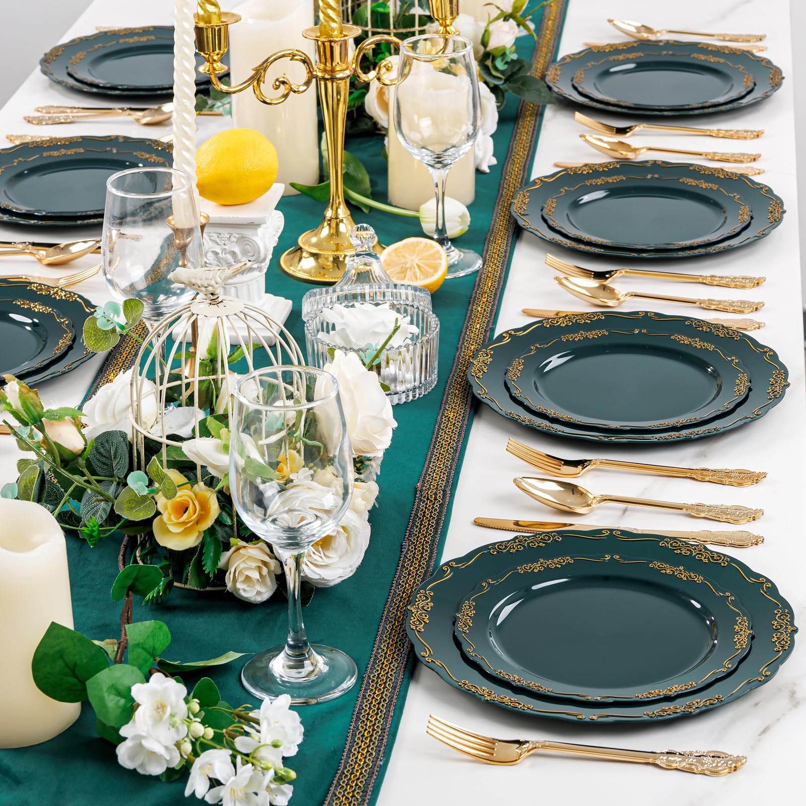 DaYammi 150Pcs Ivory Plastic Plates with Gold Rim,Disposable Plastic Plates Include 30 Dinner Plate,30 Salad Plate,30 Forks,30 Spoons,30 Knives,Ivory and Gold Plates for Party,Wedding,Mother's Day