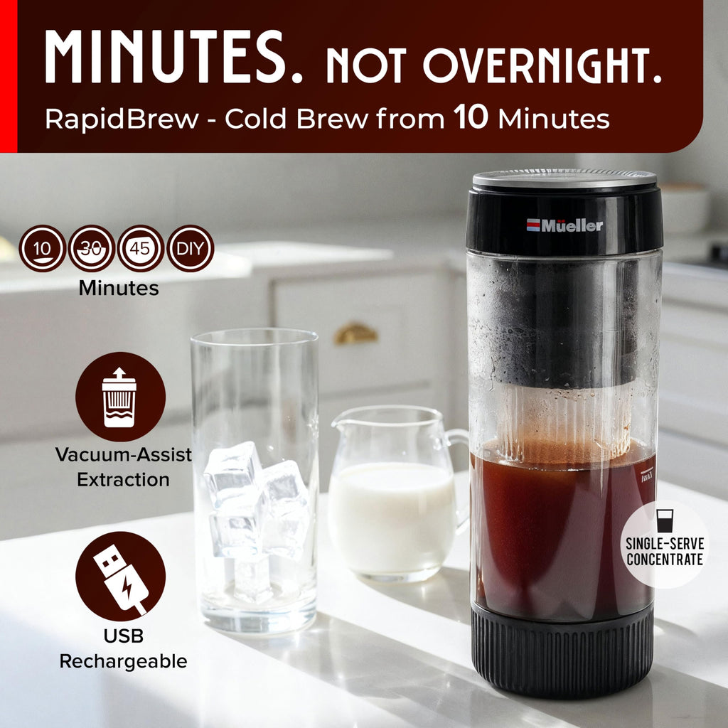 Mueller RapidBrew Cold Brew Iced Coffee Maker – 10 Min Fast Brew Portable Rechargeable Cold Brew Machine for Coffee & Tea – Adjustable Strength 10-99 Min – 20 Servings Per Charge, Black Coffee