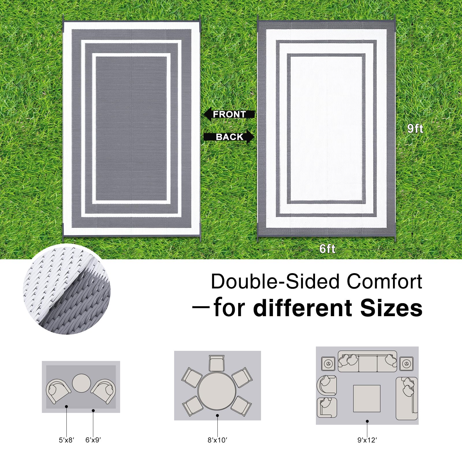 OLANLY Outdoor Rug 5x8 ft Waterproof, Reversible Outdoor Plastic Straw Rug, RV Mat, Indoor Outdoor Carpet Clearance for Patio, Camping, Balcony, Deck, Backyard, Grey & White