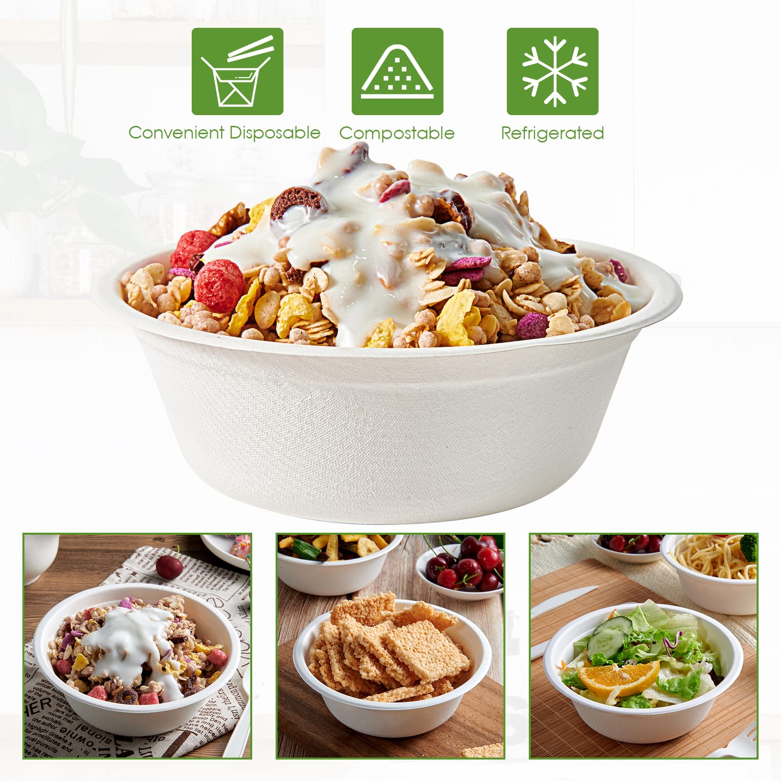 Vplus 200 Pack 12 OZ Paper Bowls, Disposable Compostable Bowls Bulk, Eco-friendly Bagasse Bowls, Heavy-duty Bowls Perfect for Milk Cereals, Snacks, Salads