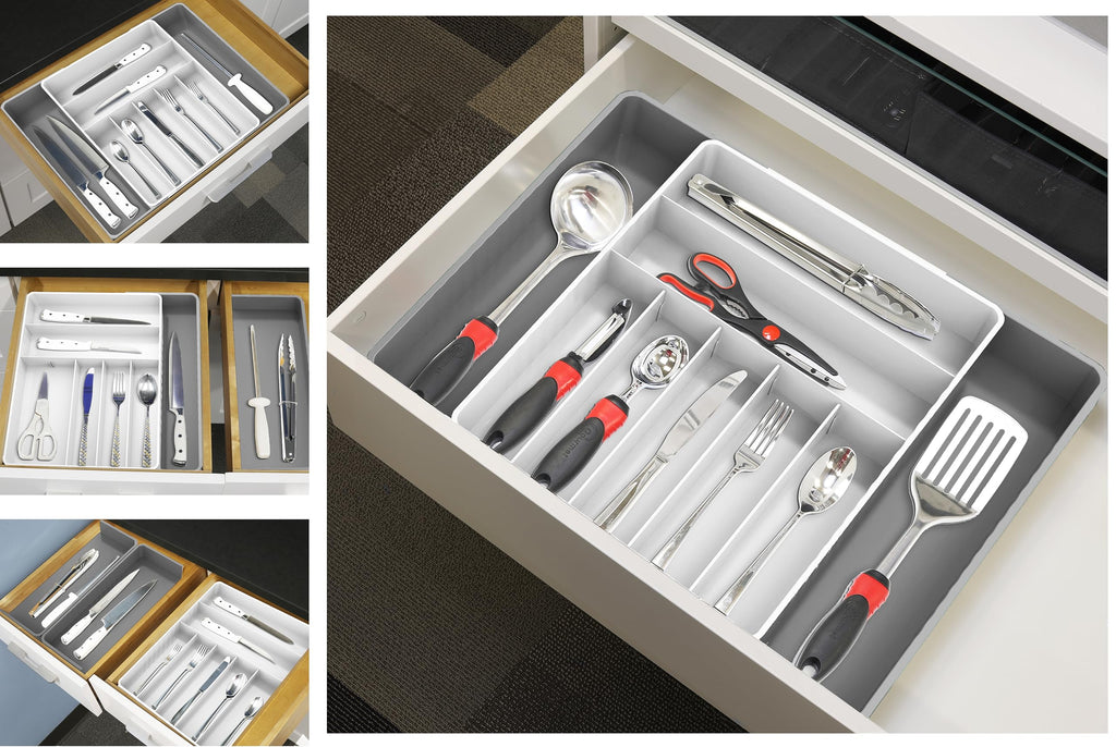 Simple Houseware Expandable & Adjustable Cutlery Drawer Organizer - Large Utensil and Flatware Tray for Kitchen Drawers, White