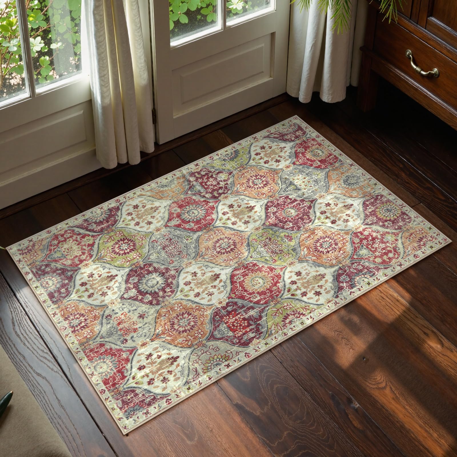 Lahome Moroccan Trellis Washable Rug, 2x3 Kitchen Rugs for Entryway Bathroom, Non-Slip Indoor Door Mat Ultra-Thin, Small Oriental Throw Carpet for Bedroom Entry Elise, Cream/Multi