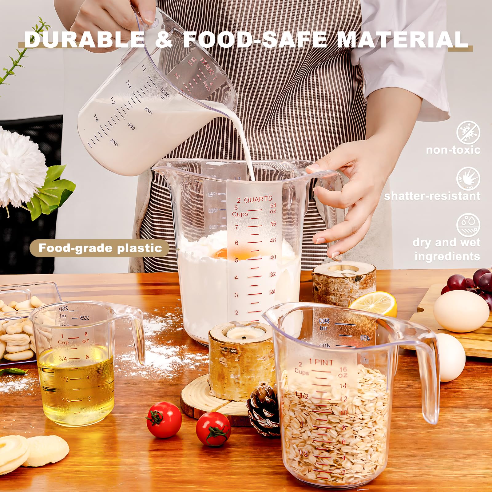 DaYammi Measuring Cups 3-Piece, Unbreakable Food-Grade Plastic Measuring Cup for Dishwasher, 1/2/4-Cup Nesting Liquid Measuring Cups for Prepping, Baking, Cooking, Readable Markings, Clear