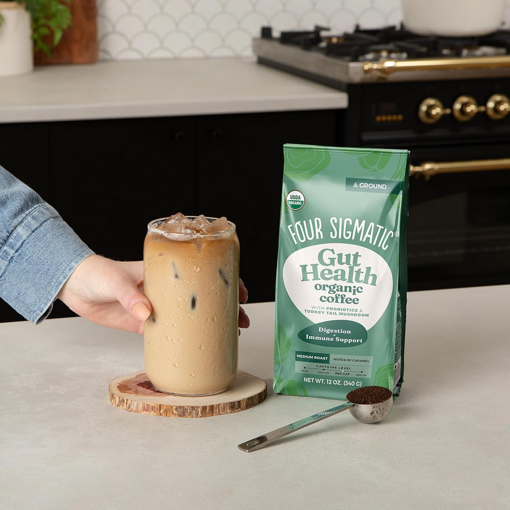 Four Sigmatic Gut Health Organic Ground Coffee | Medium Roast, Immune Boosting Probiotic Mushroom Coffee with Chaga & Turkey Tail for Gut Health & Immune Support | 12oz Bag