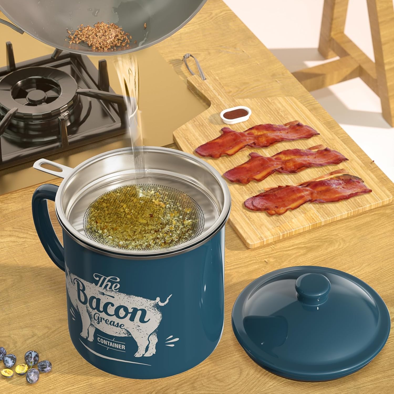 Black Meat Chopper and 46OZ Blue Bacon Grease Container