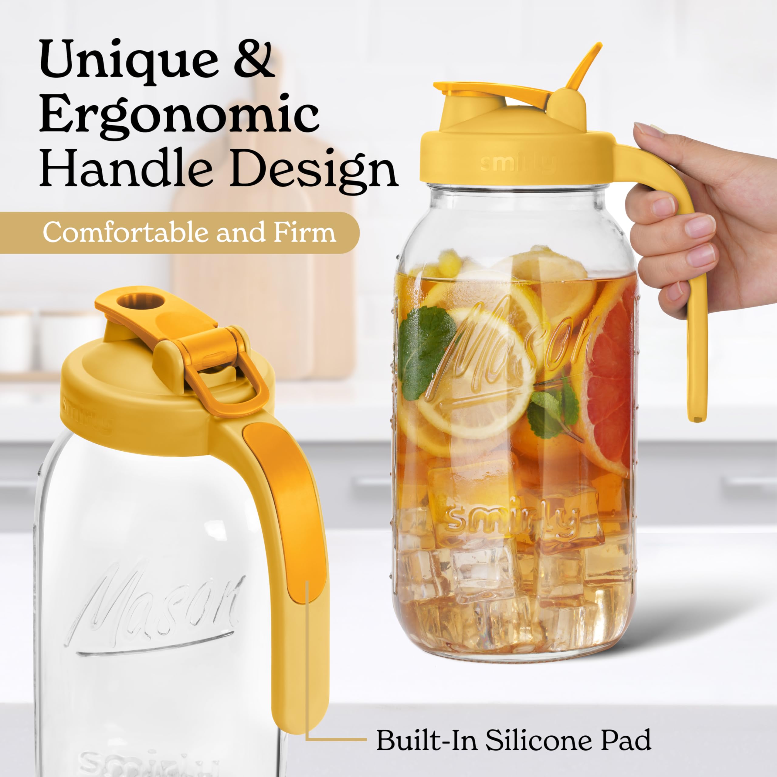 SMIRLY 64 oz Mason Jar Pitcher,Glass Pitcher with Wide Mouth,Water Jug with Double Leak Proof Lid for Iced Coffee,Hot Water,Breast Milk